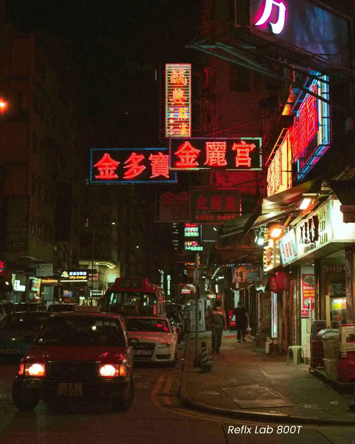 Comparison of Reflx Lab 800T and FilmNeverDies Suibo 500T film look presets on night street photography.