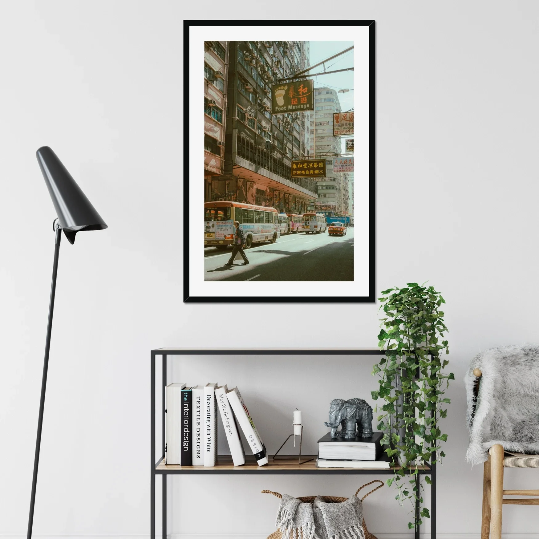 Hazy morning street photography in Mong Kok Hong Kong, pedestrian crossing road with red taxis and buses in the mist, cinematic urban wall art, moody Kowloon cityscape.