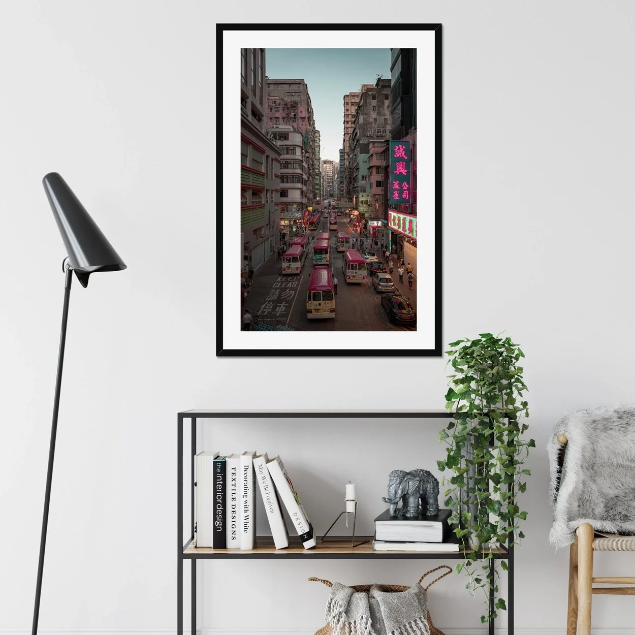 Mong Kok Hong Kong street photography at sunset, red minibuses in traffic, neon signs glowing in Kowloon, cinematic night city lights, urban wall art print.