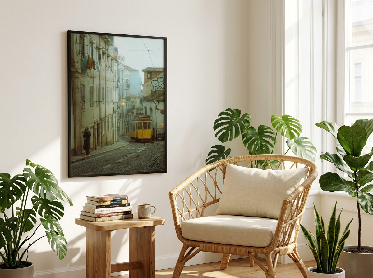 Moody Lisbon classic yellow Tram 28 fine art photography print. Cinematic winding steep cobblestone street with a lone figure and laundry on balconies. Urban wall art decor by ejduranphotography.