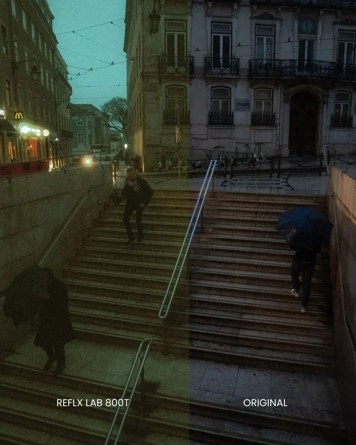 Before/After: Reflx Lab 800T on urban night photo. Transforms flat digital shadows into cinematic teal with rich film grain.
