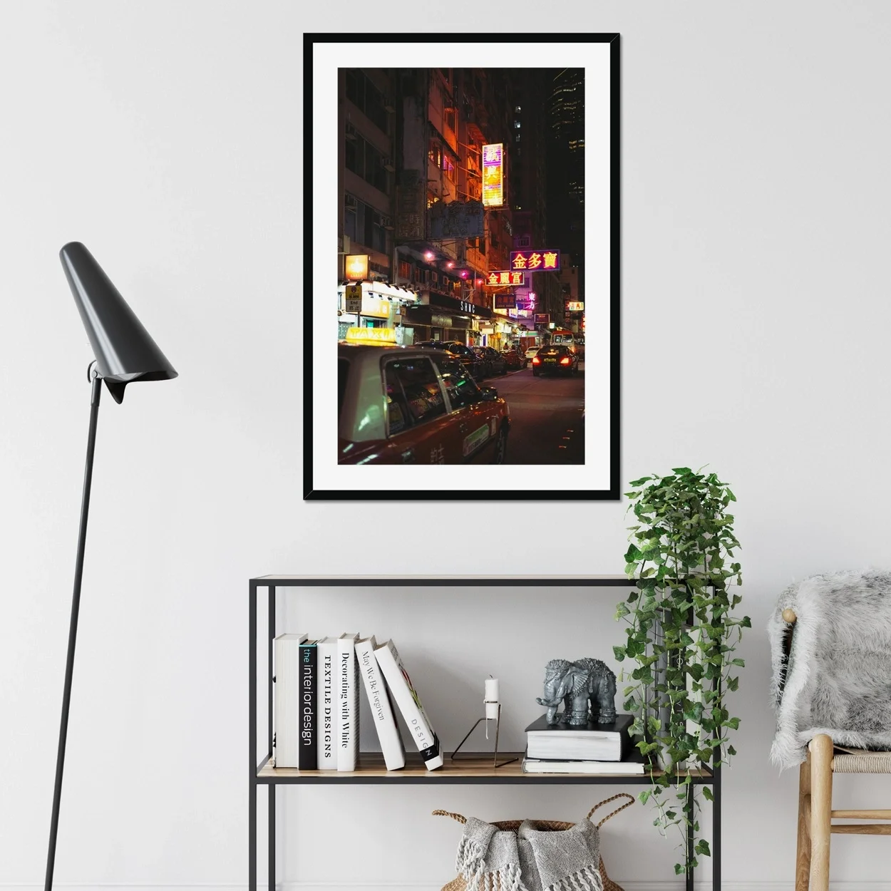 Cinematic night photography of a red taxi in Mong Kok Hong Kong, neon signs reflections on wet street, CineStill 50D film aesthetic, urban street documentary art.