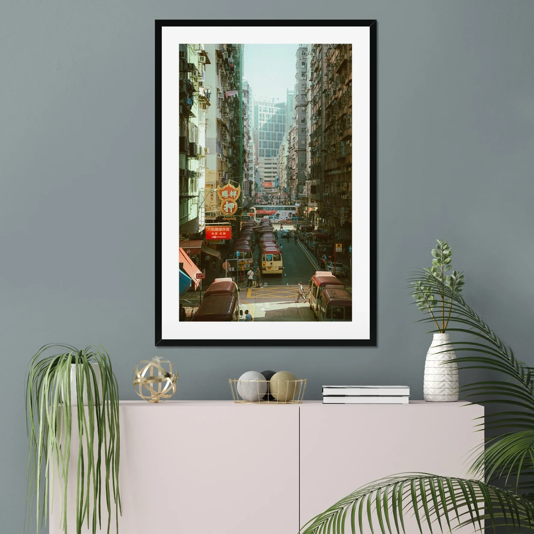 Vintage style street photography of Mong Kok Hong Kong at sunset, golden hour light over minibus stops and city traffic, nostalgic 1980s urban aesthetic, cinematic retro wall art print.