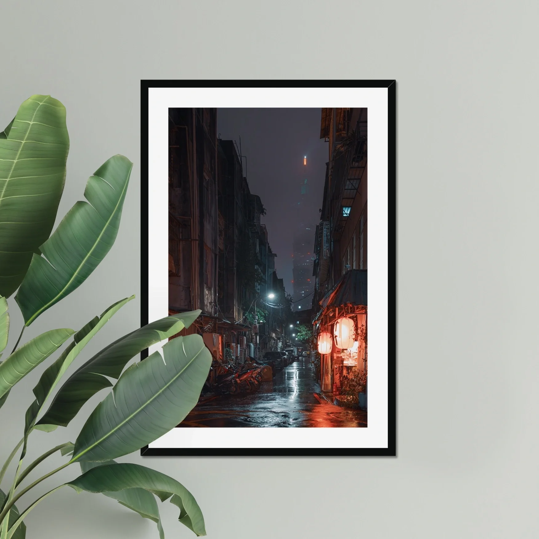 Cinematic night photography of a narrow Taipei alleyway in the rain, featuring a traditional Izakaya with red lanterns and the Taipei 101 building in the background fog.