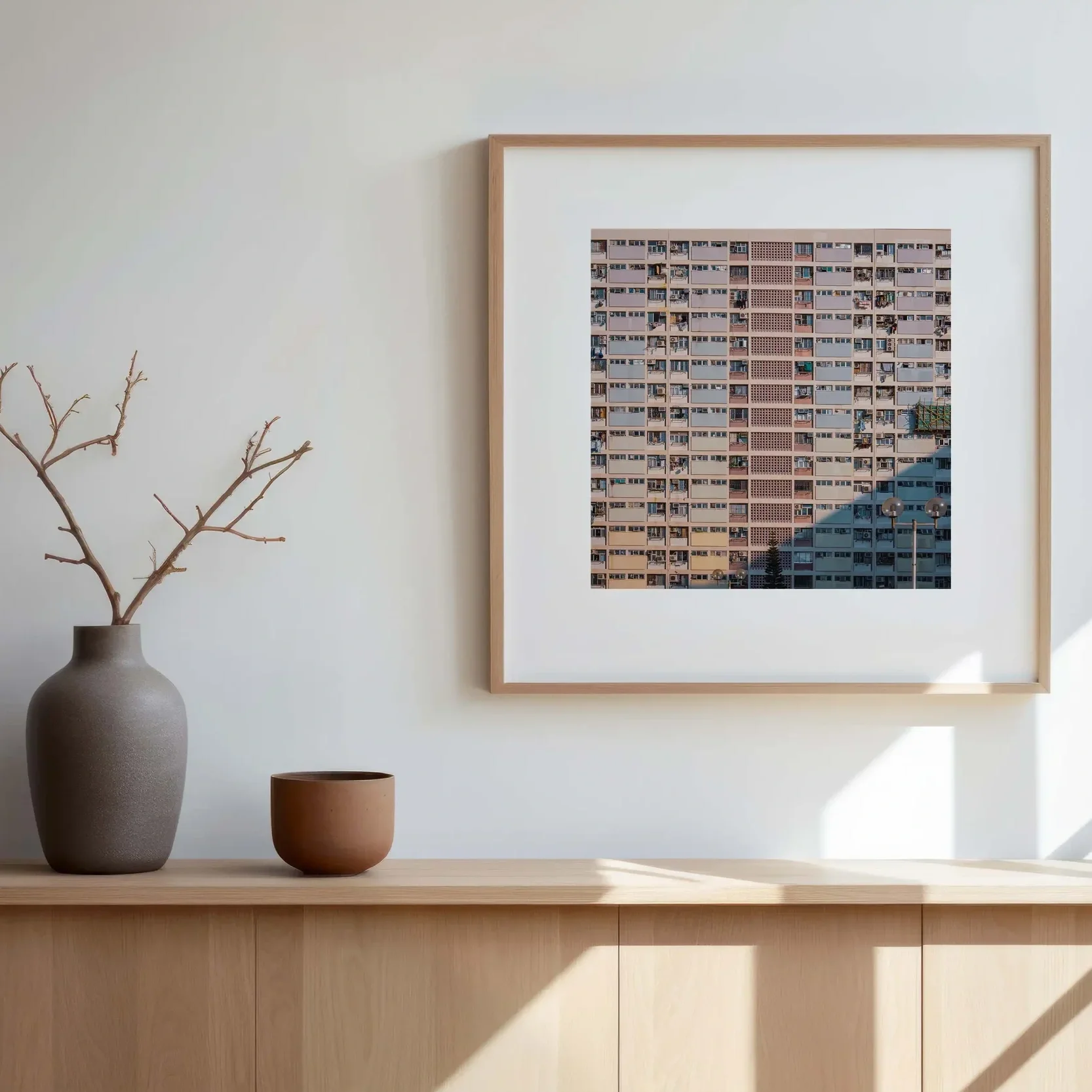 Choi Hung Estate rainbow buildings photography, Hong Kong basketball court urban scene, pastel colored apartment blocks, cinematic street photography print, Kowloon architectural wall art.