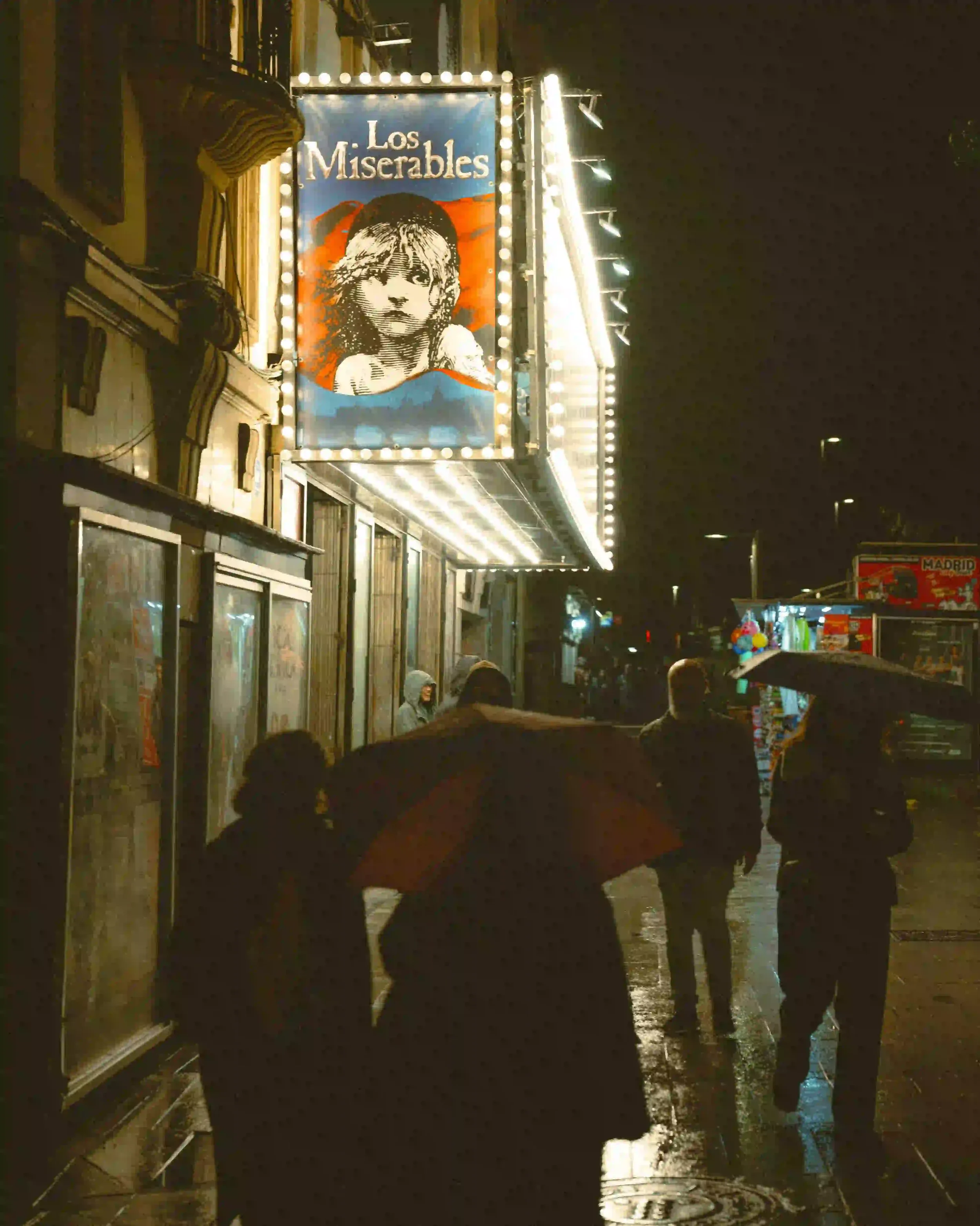 Before and after comparison using Lomography 800 Lightroom preset on a night street photography scene with vibrant neon lights and film grain.