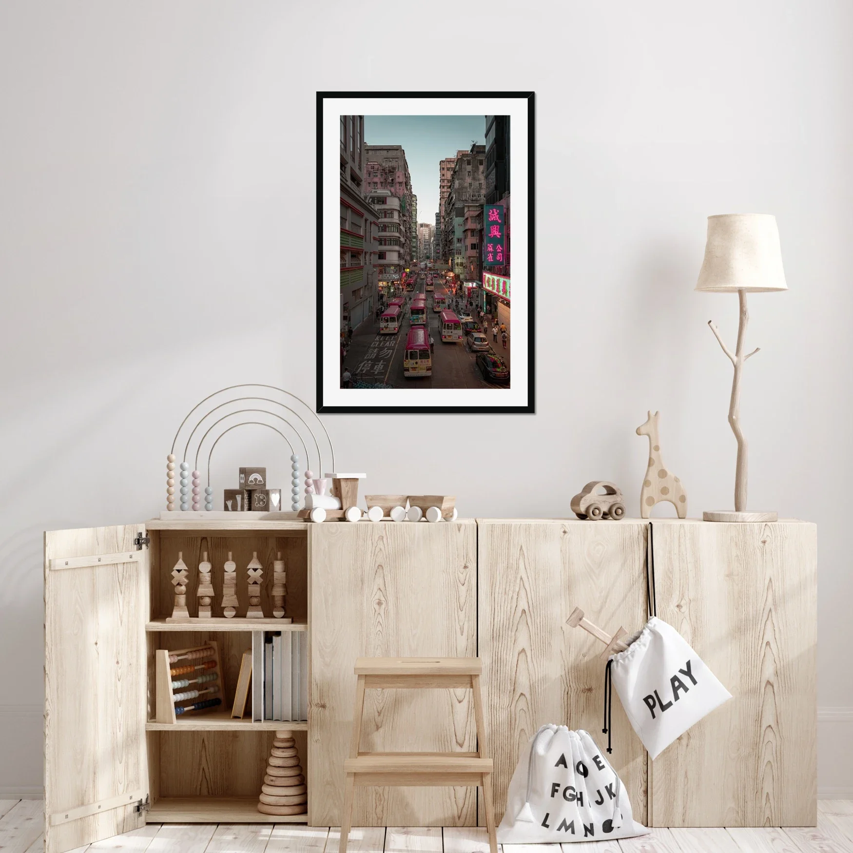 Mong Kok Hong Kong street photography at sunset, red minibuses in traffic, neon signs glowing in Kowloon, cinematic night city lights, urban wall art print.