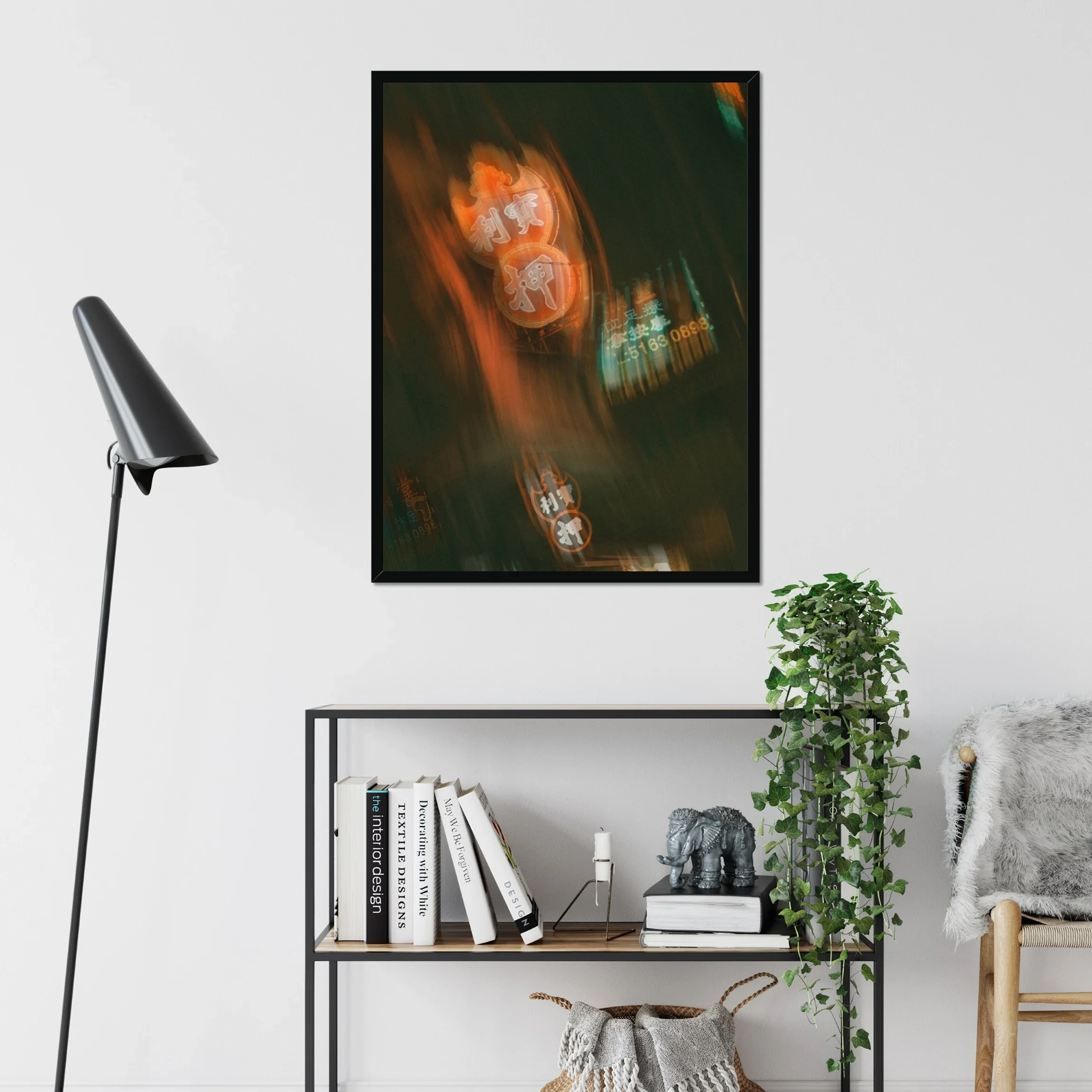Distorted night photography of glowing red and green neon pawn shop signs in Mongkok, Hong Kong, with a cinematic blurred effect.