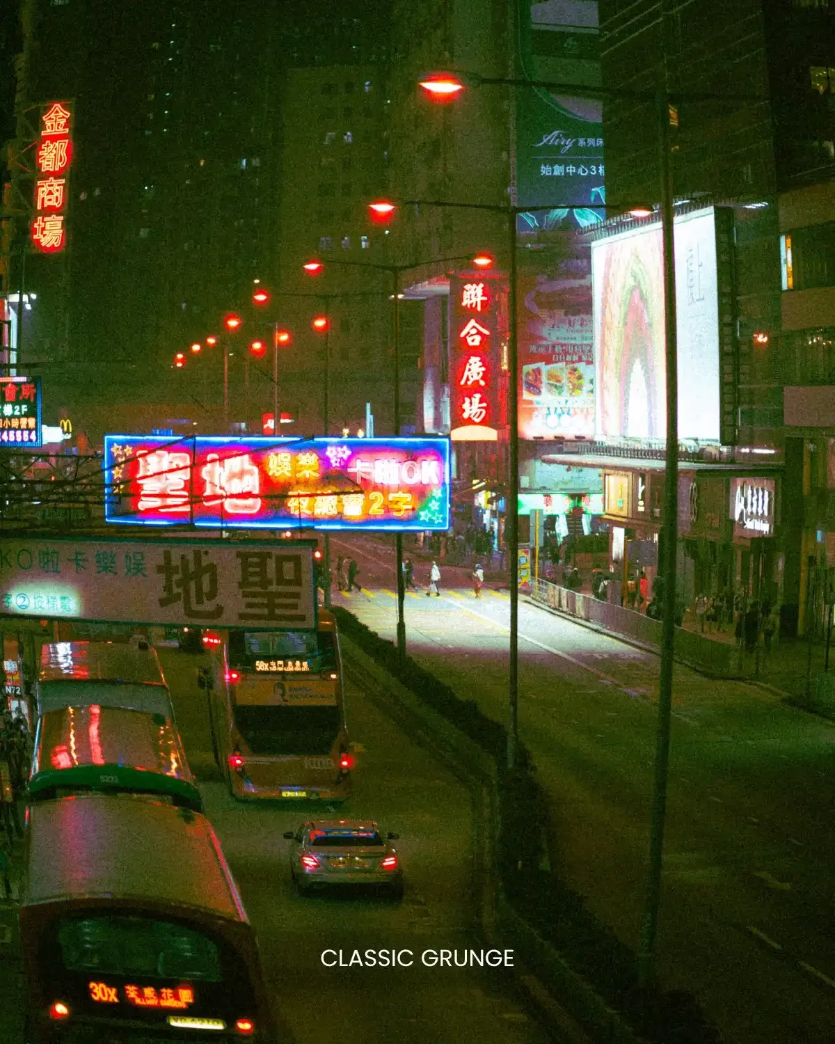 Neon Grunge preset on wide night street with car lights and colorful neon signage along the road