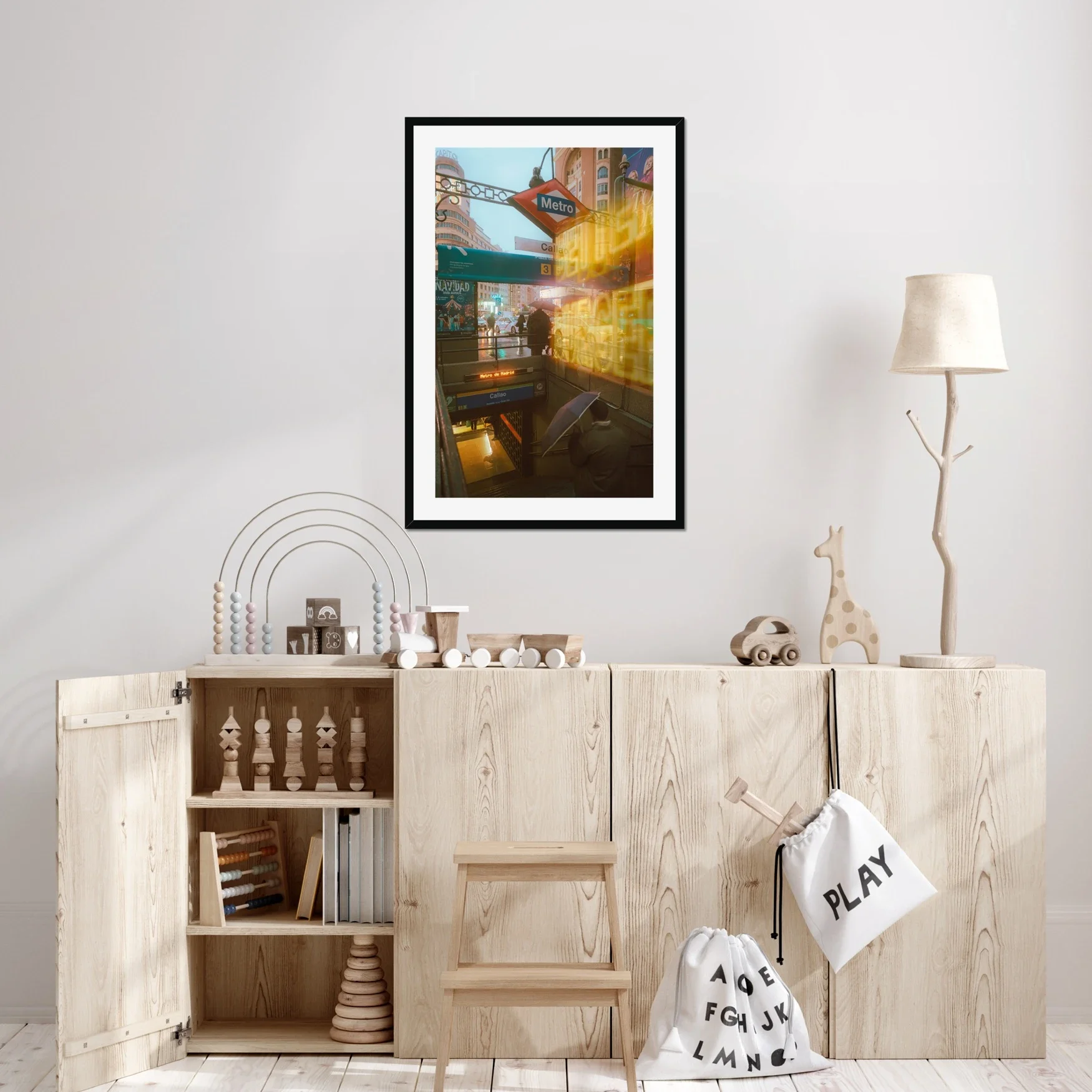 Artistic street photography of the Callao Metro sign in Madrid at night, featuring a rainy Gran Via, the Capitol building, and a subtle double exposure with vintage LED lights.