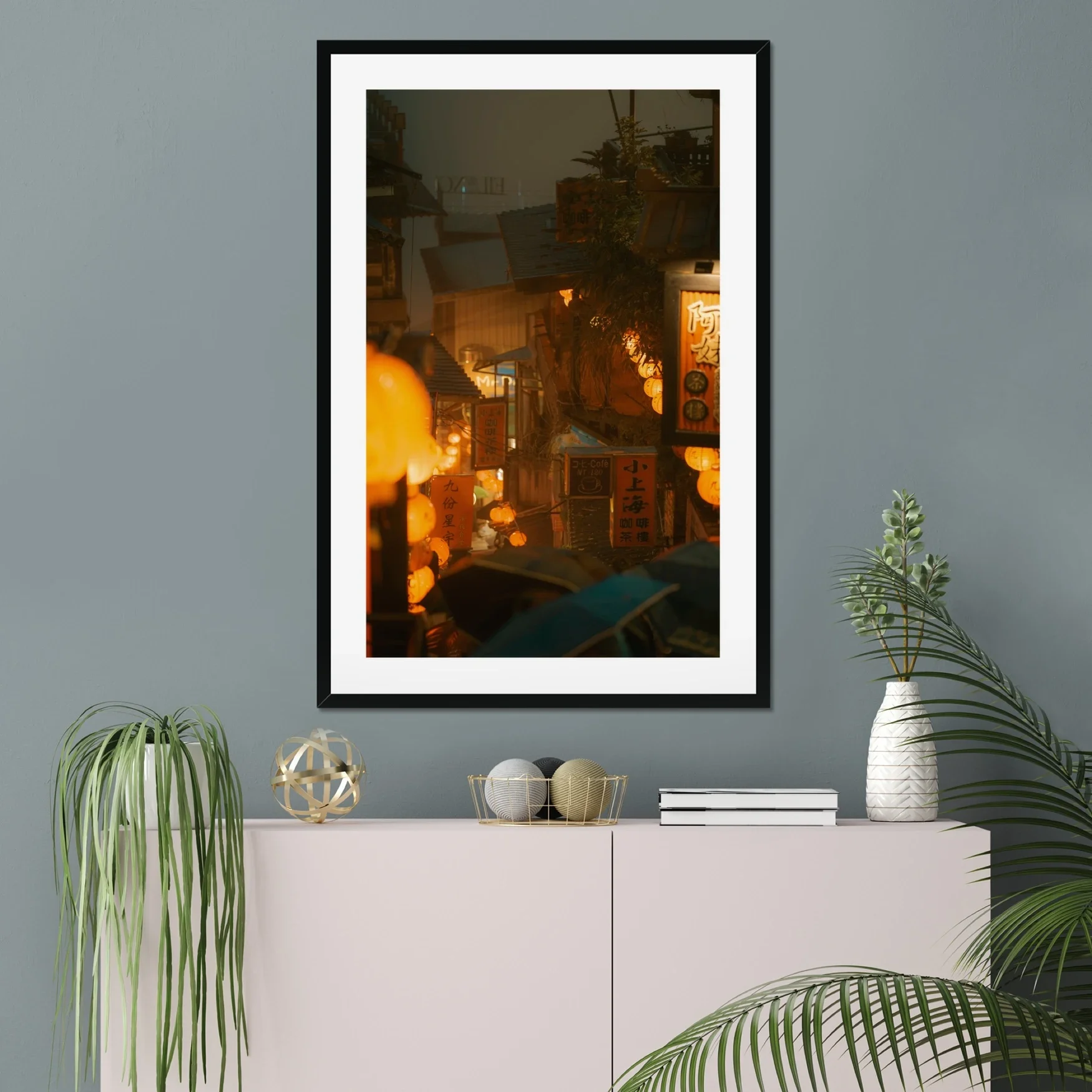 Rainy night photography of Jiufen Old Town in Taiwan with glowing red lanterns reflecting on wet streets in a cinematic style.