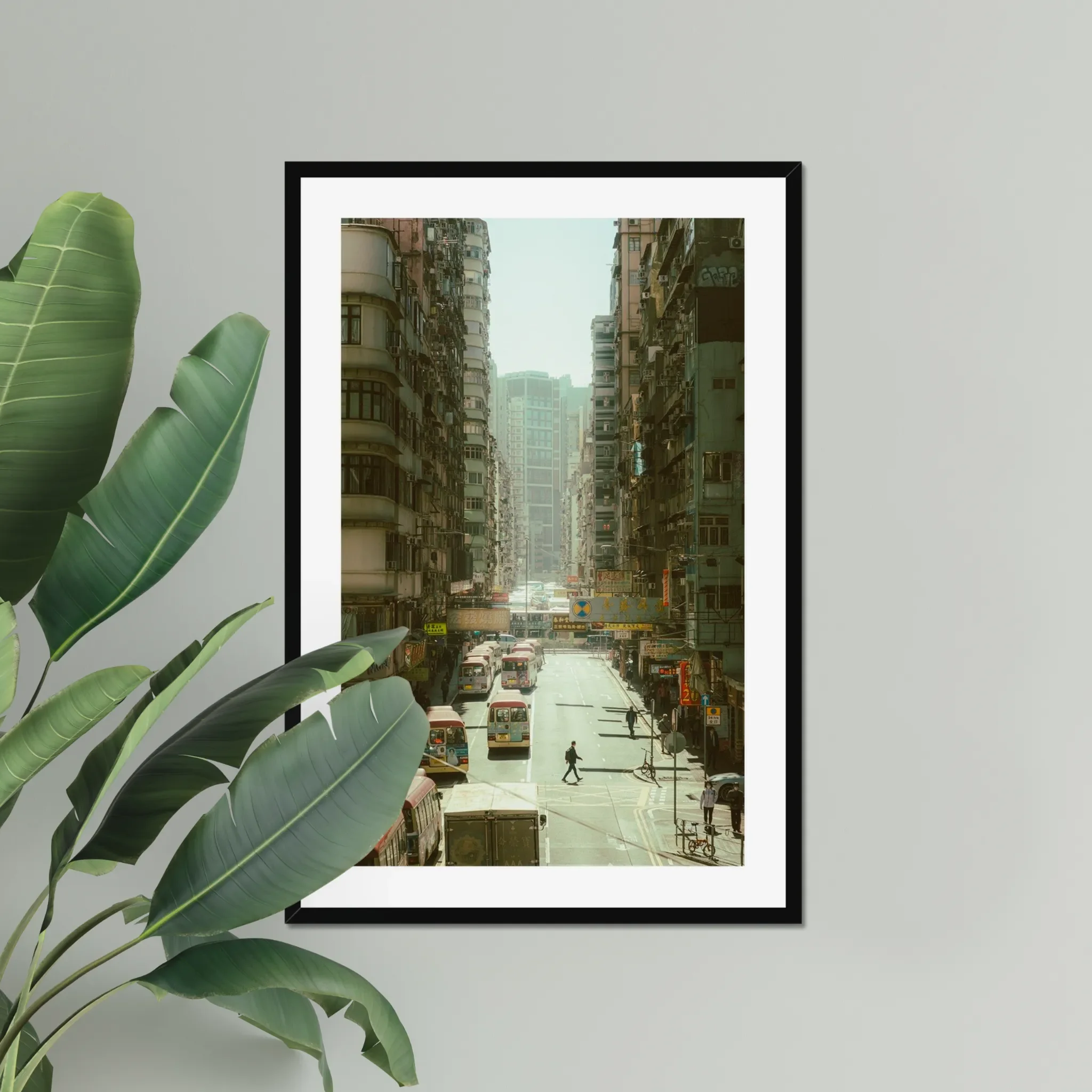 Dynamic street photography in Mong Kok Hong Kong, bustling Kowloon traffic and pedestrians, urban city life print, bright Hong Kong cityscape wall art, architectural density photography.