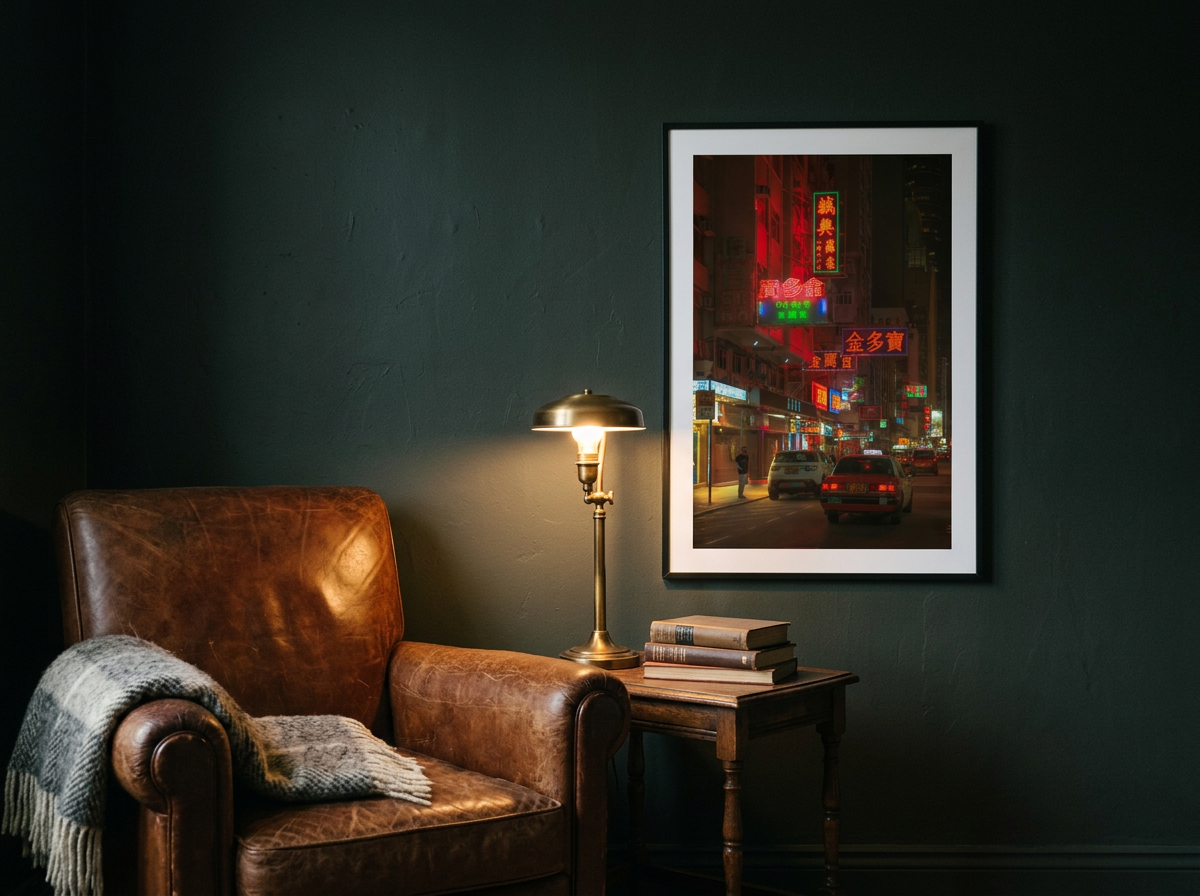 Mong Kok street photography print showing neon signage and a solitary figure at night in Hong Kong