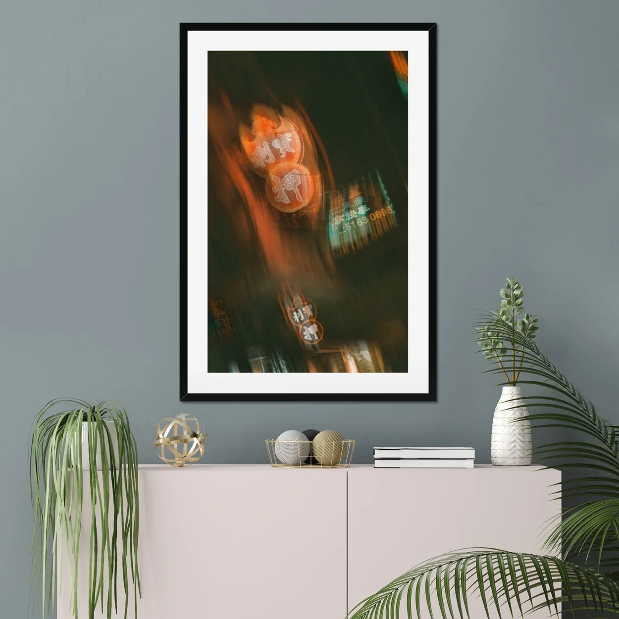 Distorted night photography of glowing red and green neon pawn shop signs in Mongkok, Hong Kong, with a cinematic blurred effect.
