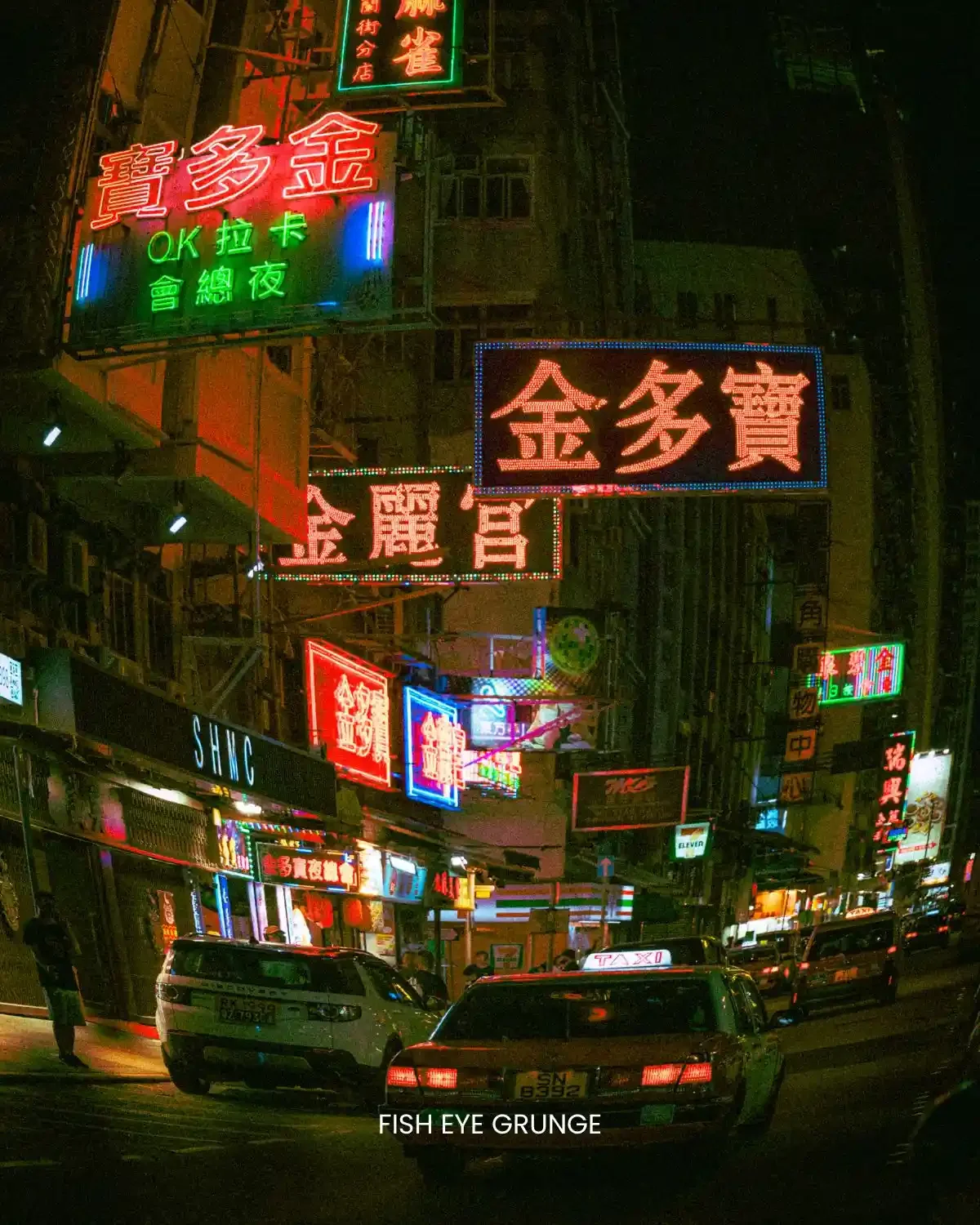 Before/After: Fish Eye Grunge bonus. Applies 90s distorted texture and raw editorial grit to a wide-angle street scene.