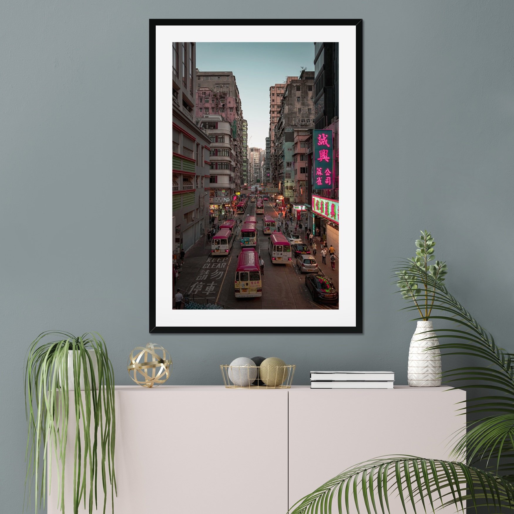 Mong Kok Hong Kong street photography at sunset, red minibuses in traffic, neon signs glowing in Kowloon, cinematic night city lights, urban wall art print.