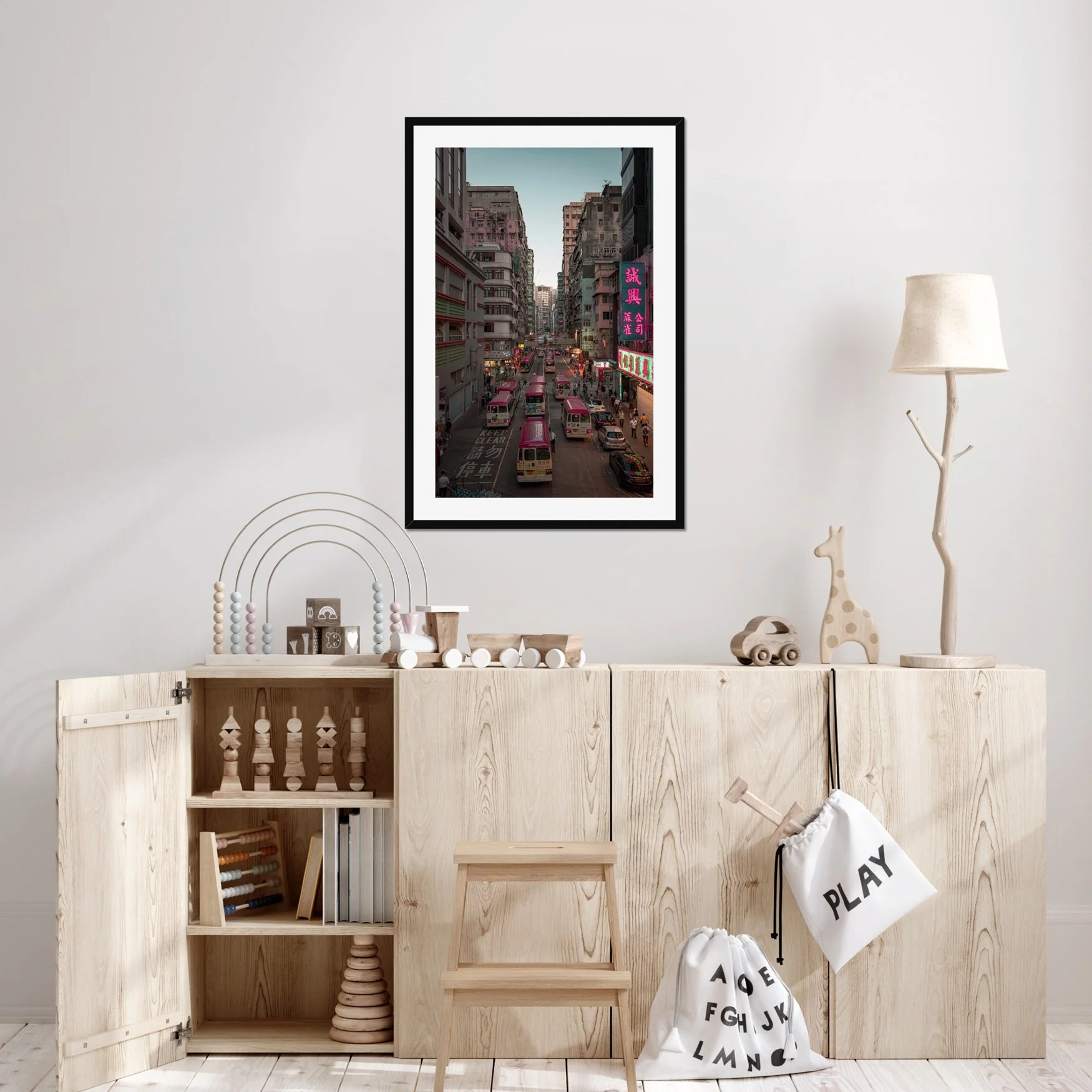 Mong Kok Hong Kong street photography at sunset, red minibuses in traffic, neon signs glowing in Kowloon, cinematic night city lights, urban wall art print.