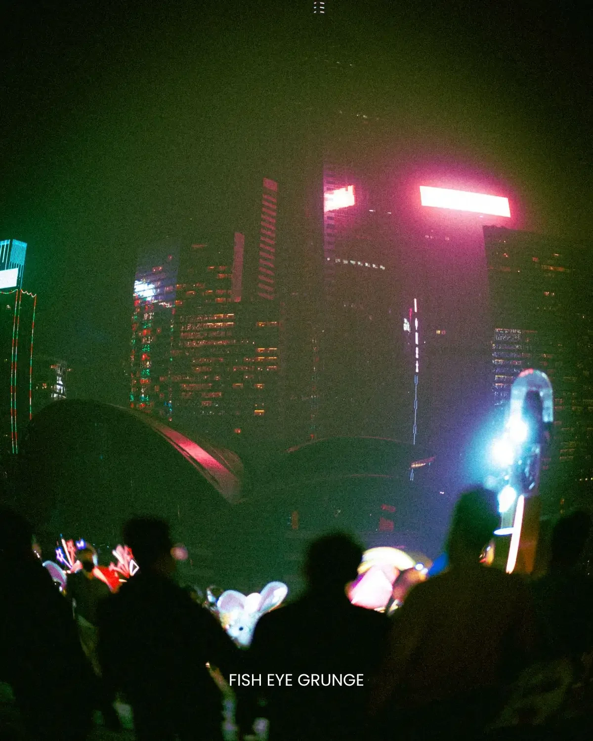 Neon Grunge preset on hazy Hong Kong night skyline with magenta neon reflections and silhouetted figures