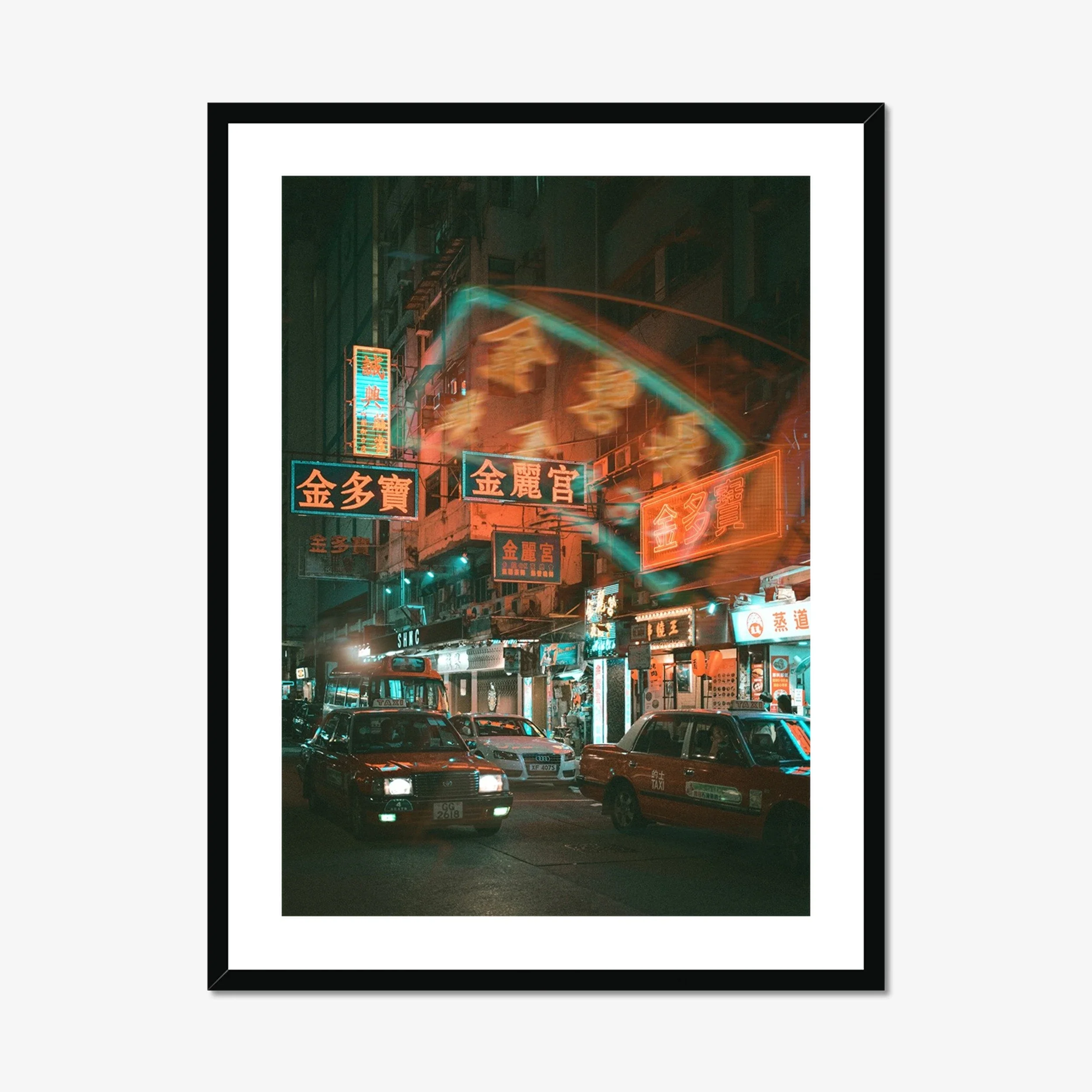 Professional night photography of a red taxi driving through Mong Kok, Hong Kong, with vibrant neon signs and reflections on the wet street.