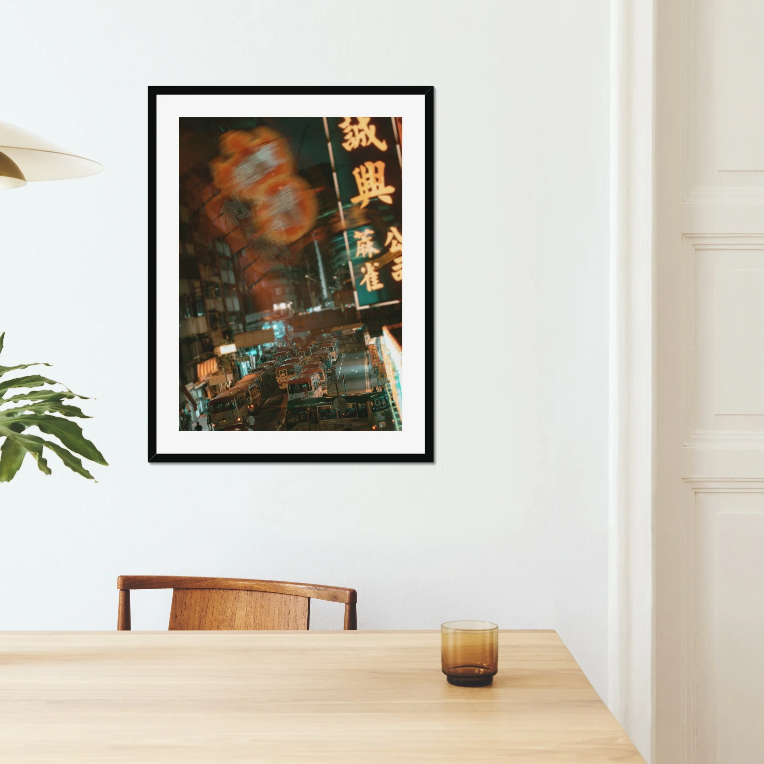 Cinematic night photography of a green minibus stop in Mong Kok, Hong Kong, surrounded by glowing red and green neon signs and a traditional pawn shop lantern.