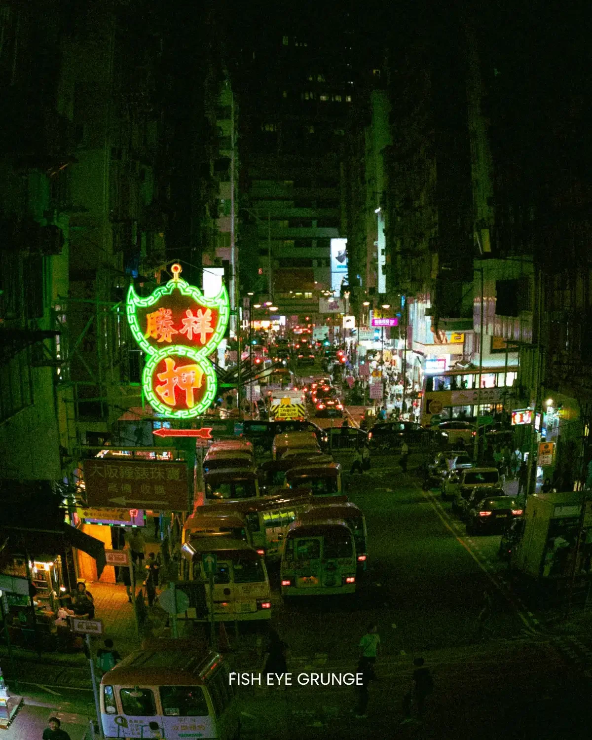 Neon Grunge preset on busy night street with buses, pedestrians, and glowing green neon signage
