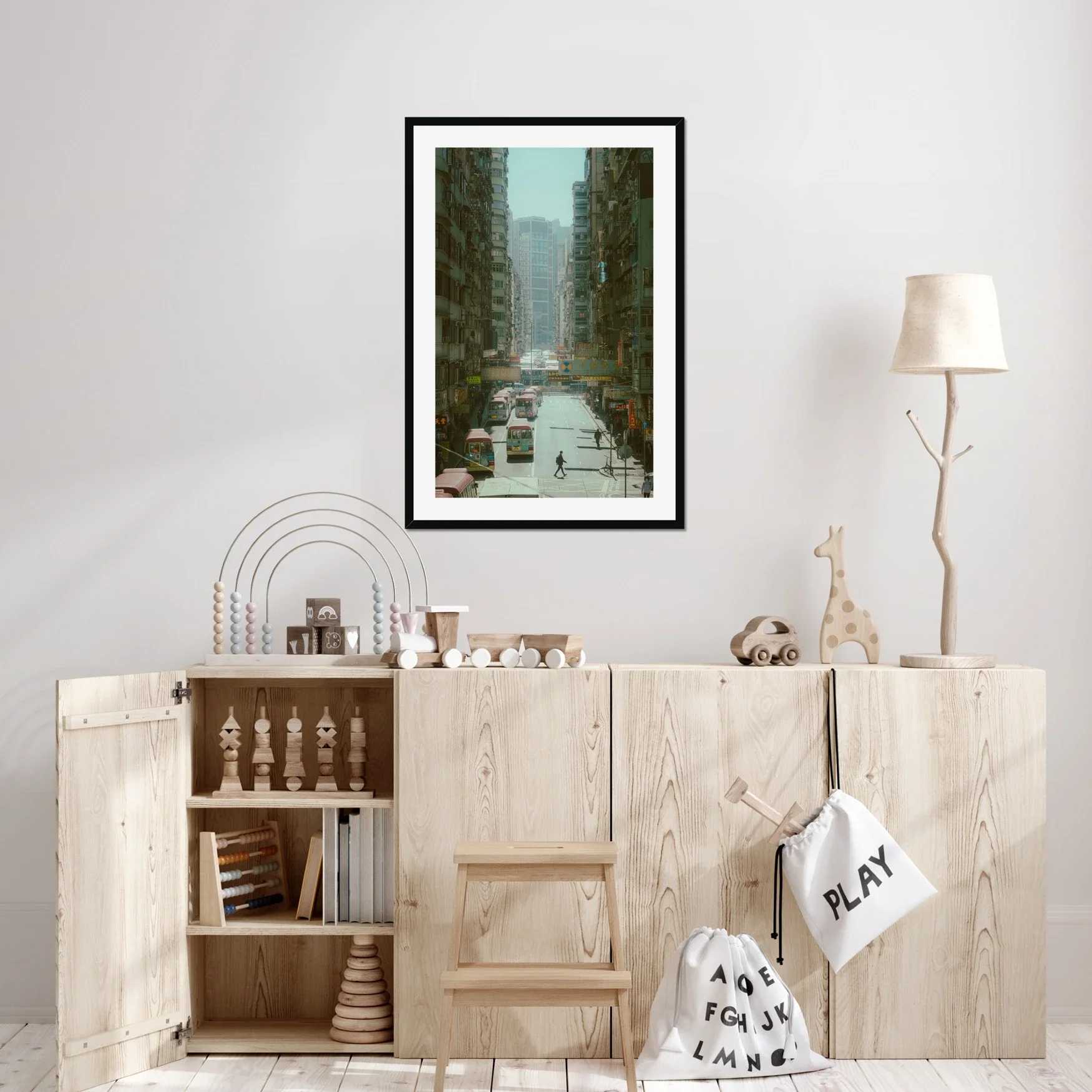 Dynamic street photography in Mong Kok Hong Kong, bustling Kowloon traffic and pedestrians, urban city life print, bright Hong Kong cityscape wall art, architectural density photography.