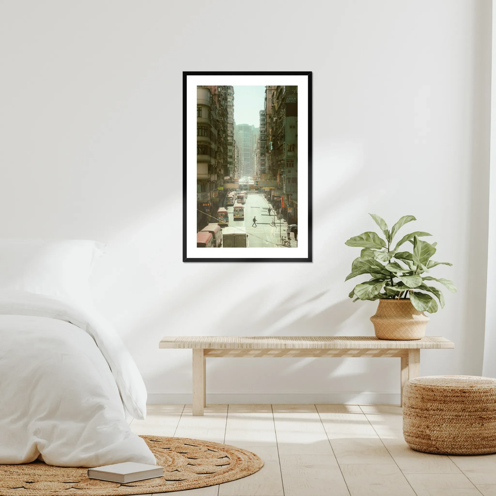 Dynamic street photography in Mong Kok Hong Kong, bustling Kowloon traffic and pedestrians, urban city life print, bright Hong Kong cityscape wall art, architectural density photography.