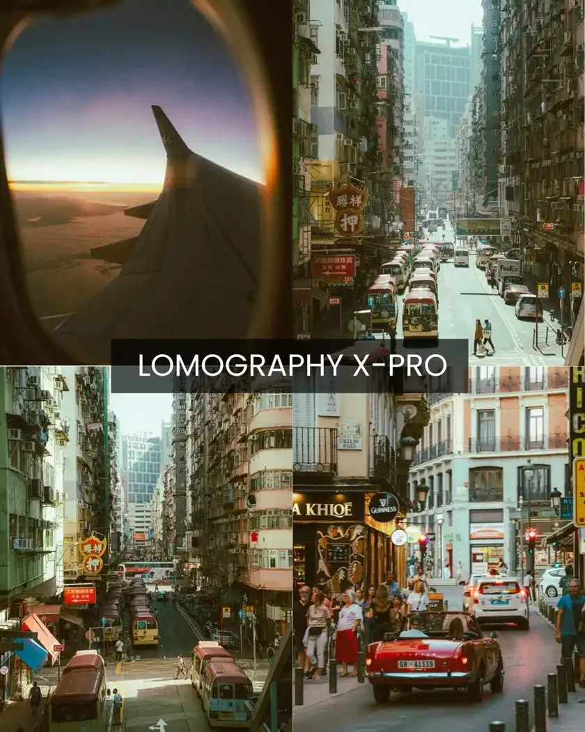 efore and after Lomography X-Pro preset on a red classic car in Madrid, showing vintage cross-processed film colors and high contrast.