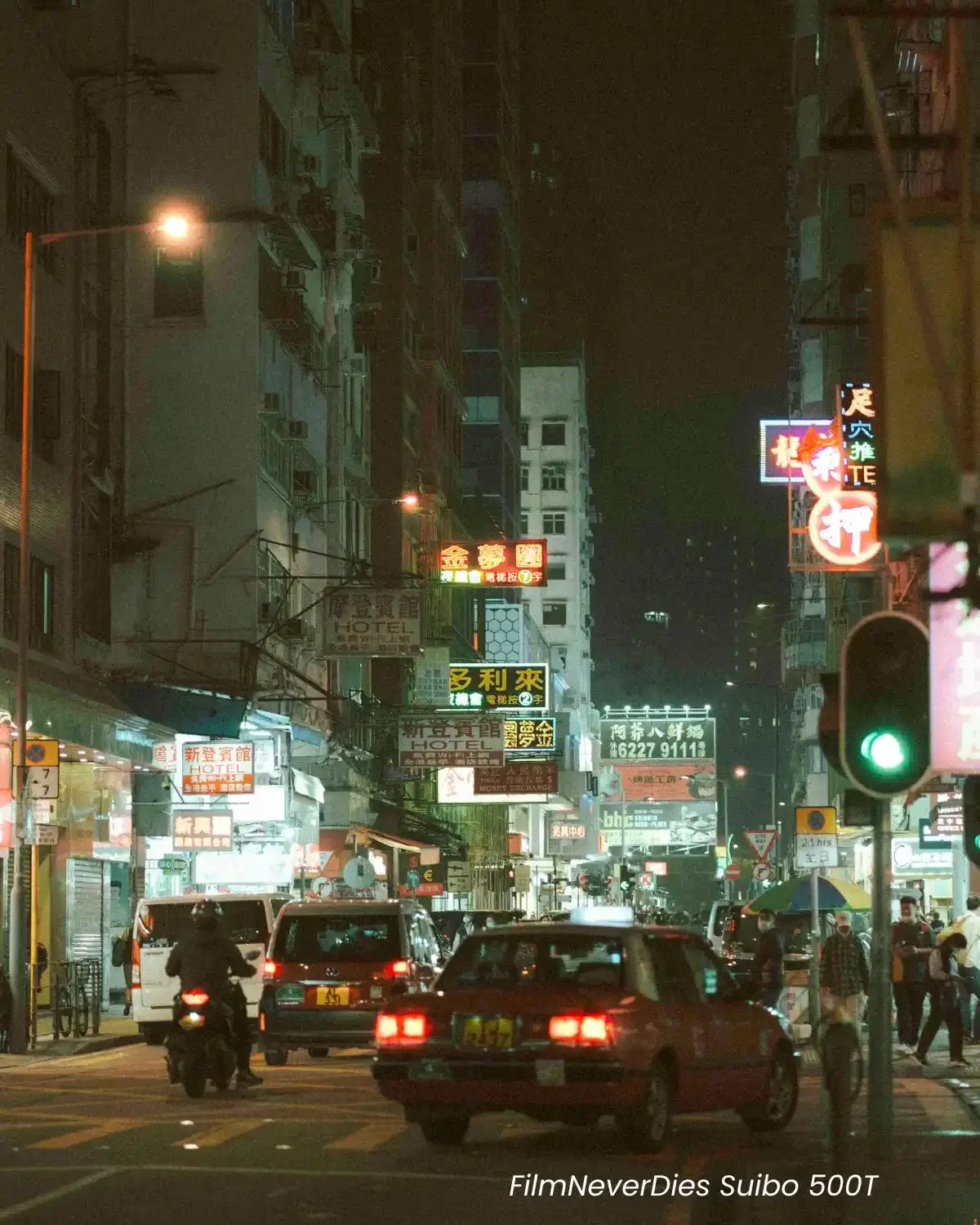 Comparison of Reflx Lab 800T and FilmNeverDies Suibo 500T film look presets on night street photography.