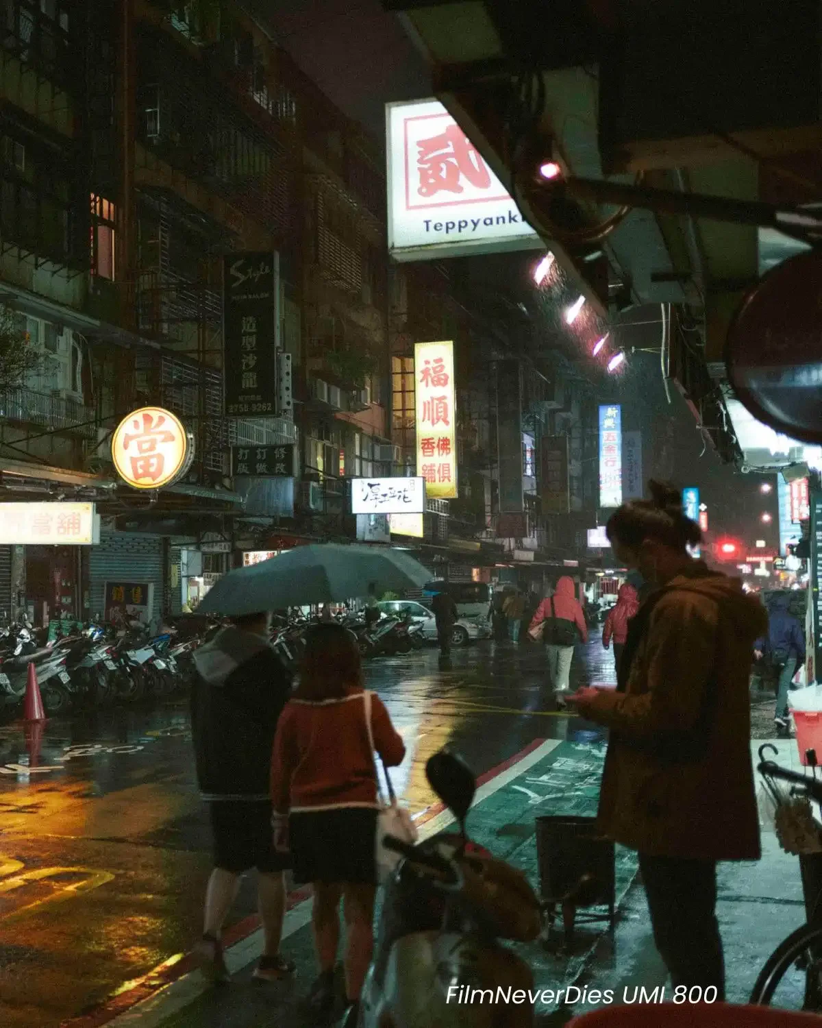 Comparison of Reflx Lab 800T and FilmNeverDies Suibo 500T film look presets on night street photography.