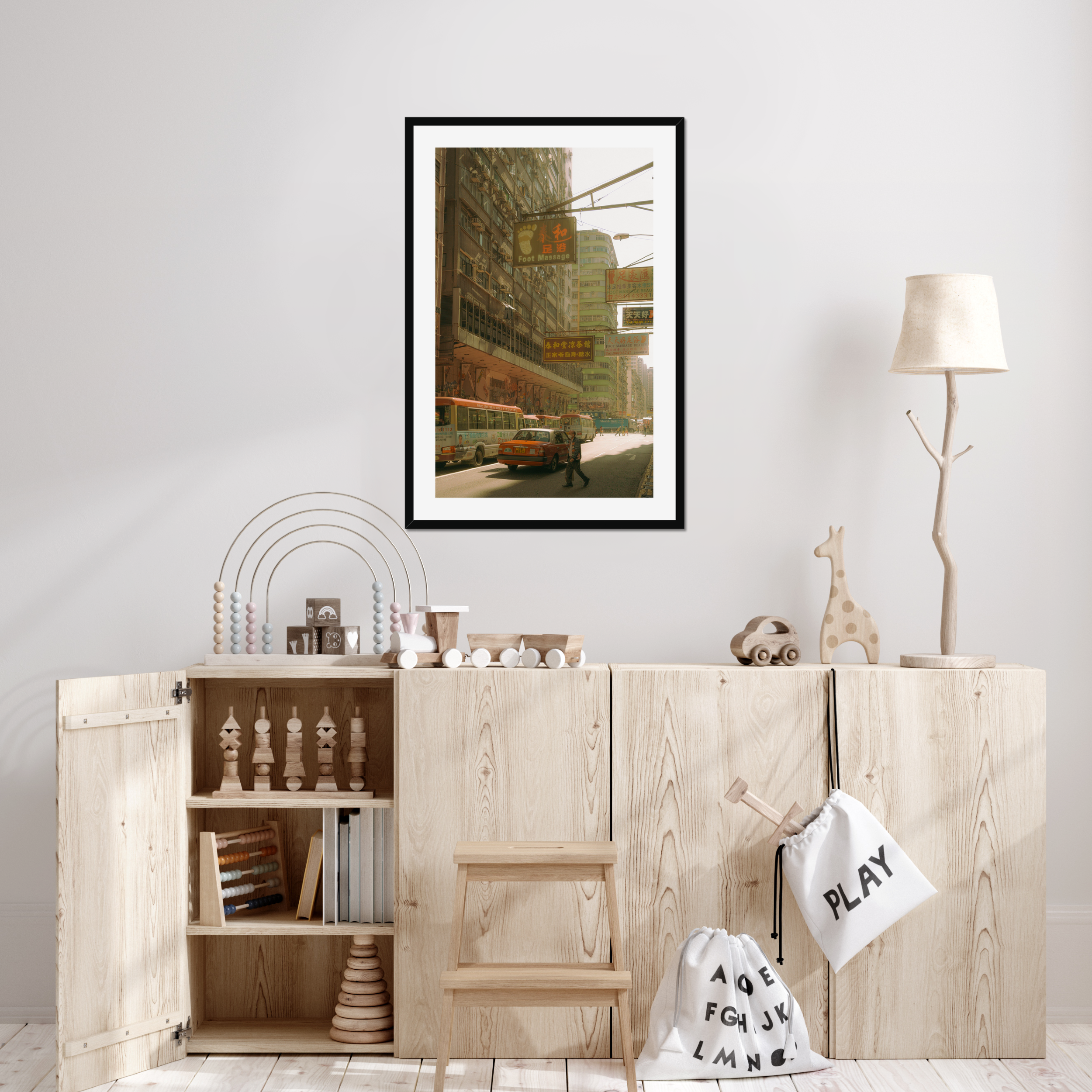 Sun-drenched Hong Kong street photography fine art print. Cinematic urban scene with vintage signs, a red taxi, and a solitary pedestrian crossing. Warm wall art decor.