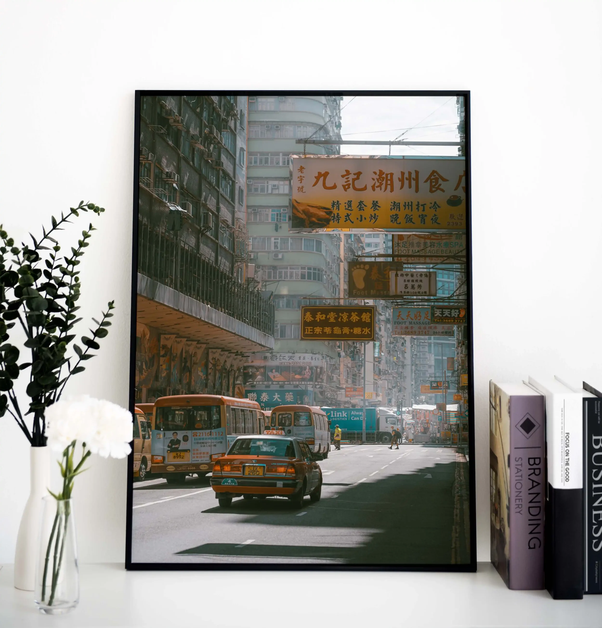Iconic Hong Kong red taxi in Mong Kok street, morning haze and urban signs photography, cinematic Kowloon street scene, moody urban wall art print, Hong Kong city life photography.