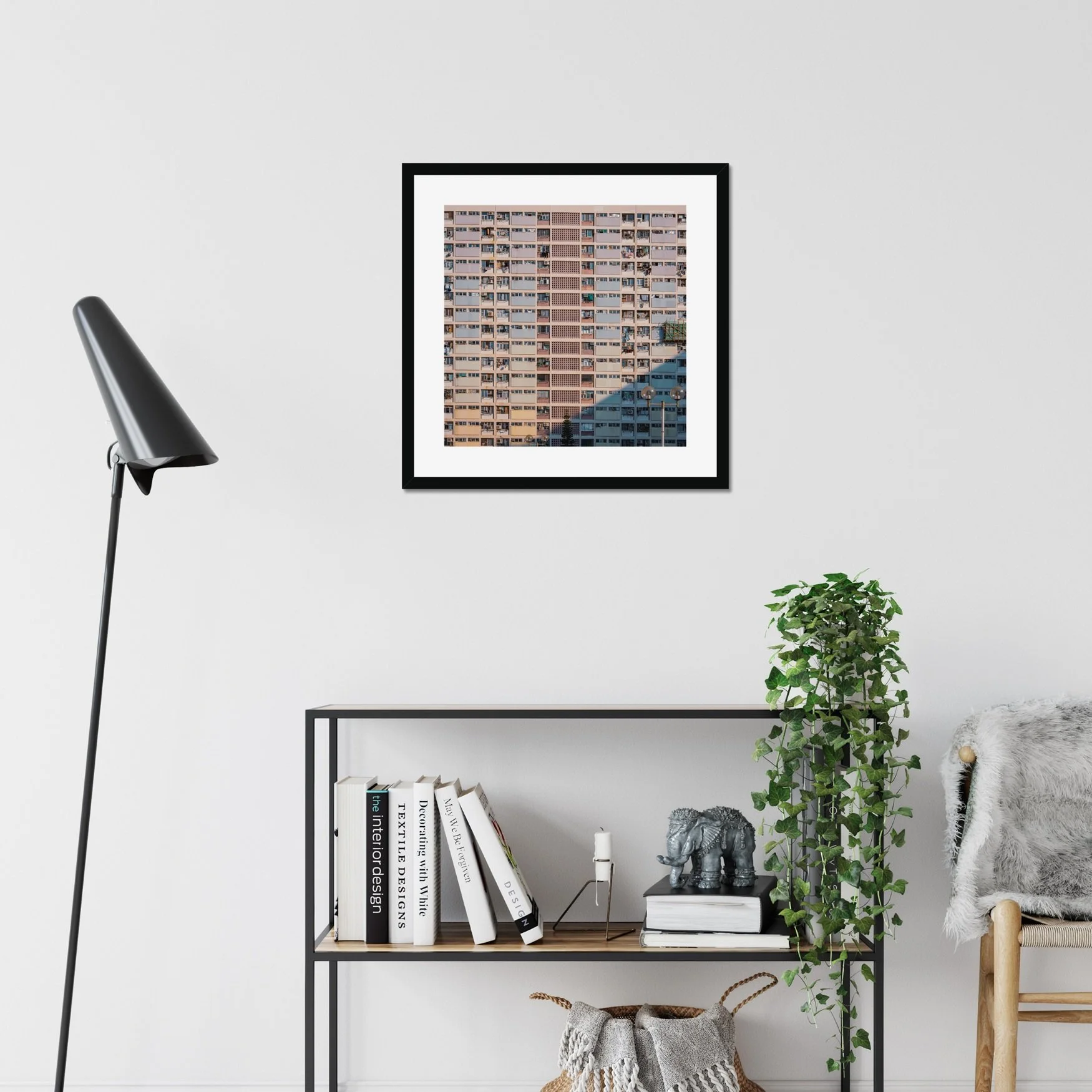 Choi Hung Estate rainbow buildings photography, Hong Kong basketball court urban scene, pastel colored apartment blocks, cinematic street photography print, Kowloon architectural wall art.
