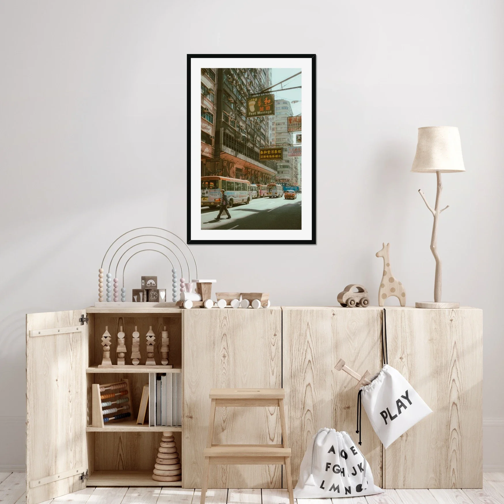 Hazy morning street photography in Mong Kok Hong Kong, pedestrian crossing road with red taxis and buses in the mist, cinematic urban wall art, moody Kowloon cityscape.