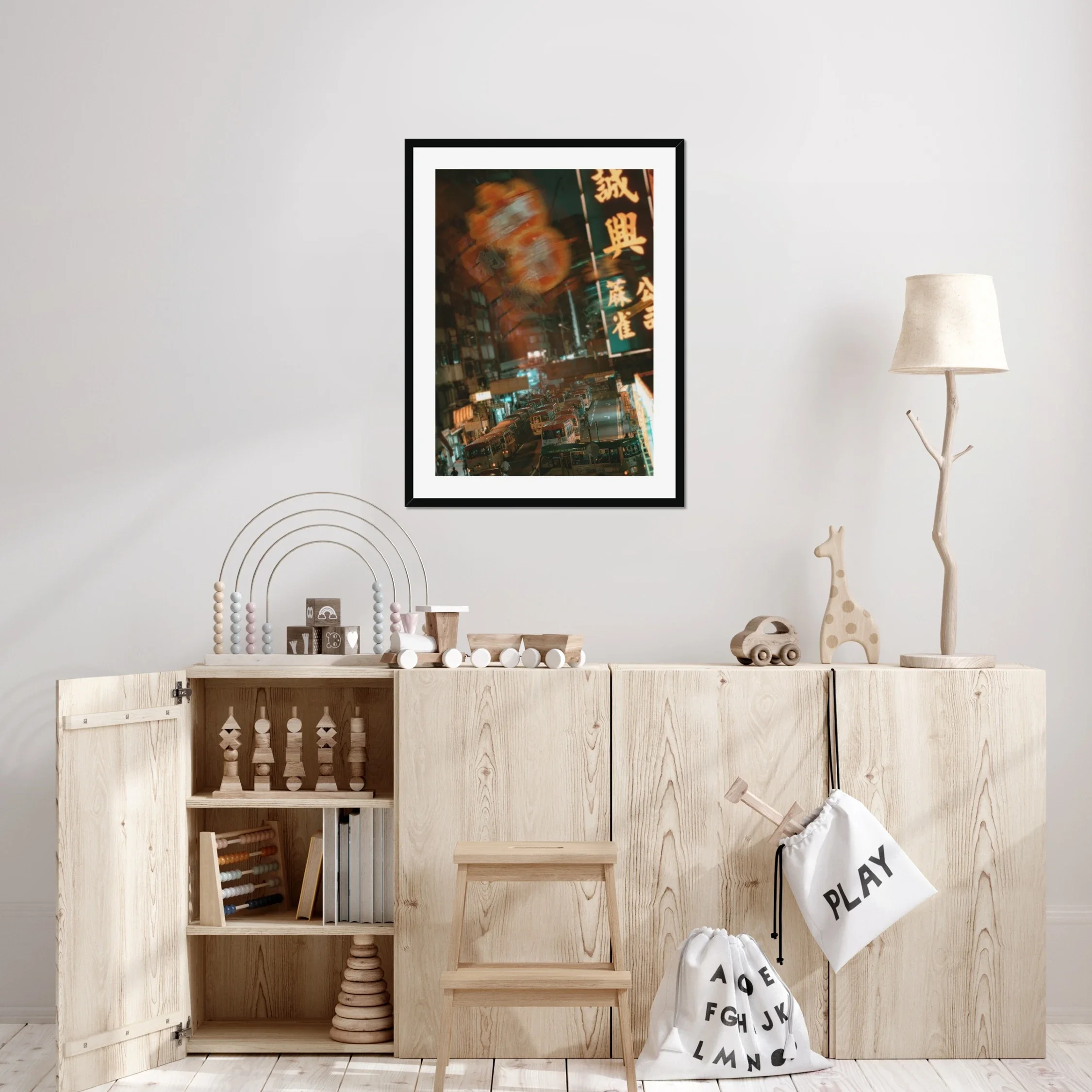 Cinematic night photography of a green minibus stop in Mong Kok, Hong Kong, surrounded by glowing red and green neon signs and a traditional pawn shop lantern.