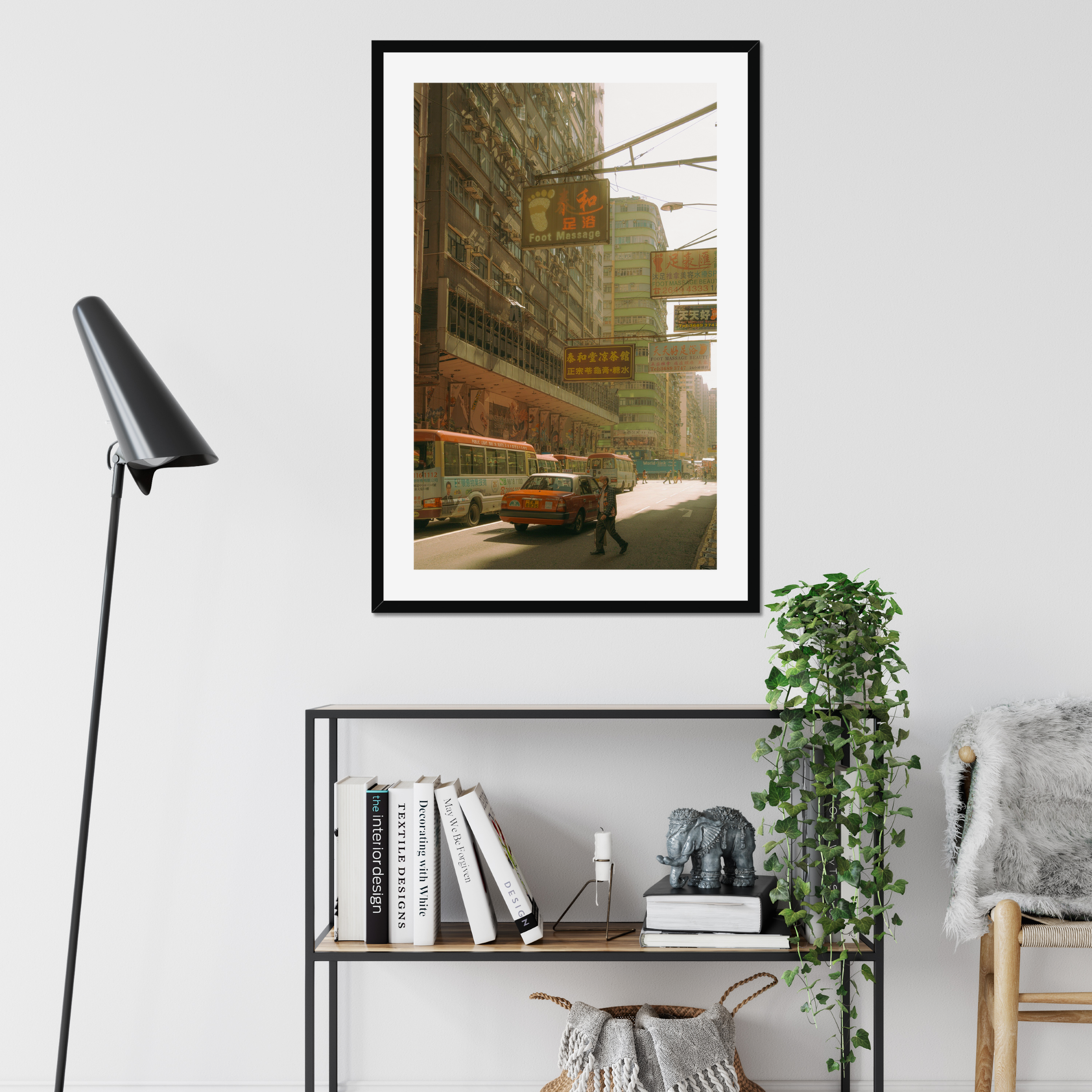 Sun-drenched Hong Kong street photography fine art print. Cinematic urban scene with vintage signs, a red taxi, and a solitary pedestrian crossing. Warm wall art decor.