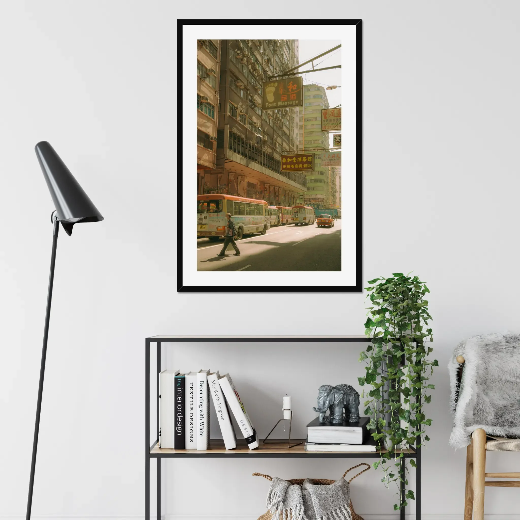 Sun-drenched Hong Kong street photography fine art print. Cinematic urban scene with red-topped minibuses, a red taxi, vintage signs, and a pedestrian crossing. Warm amber wall art decor.