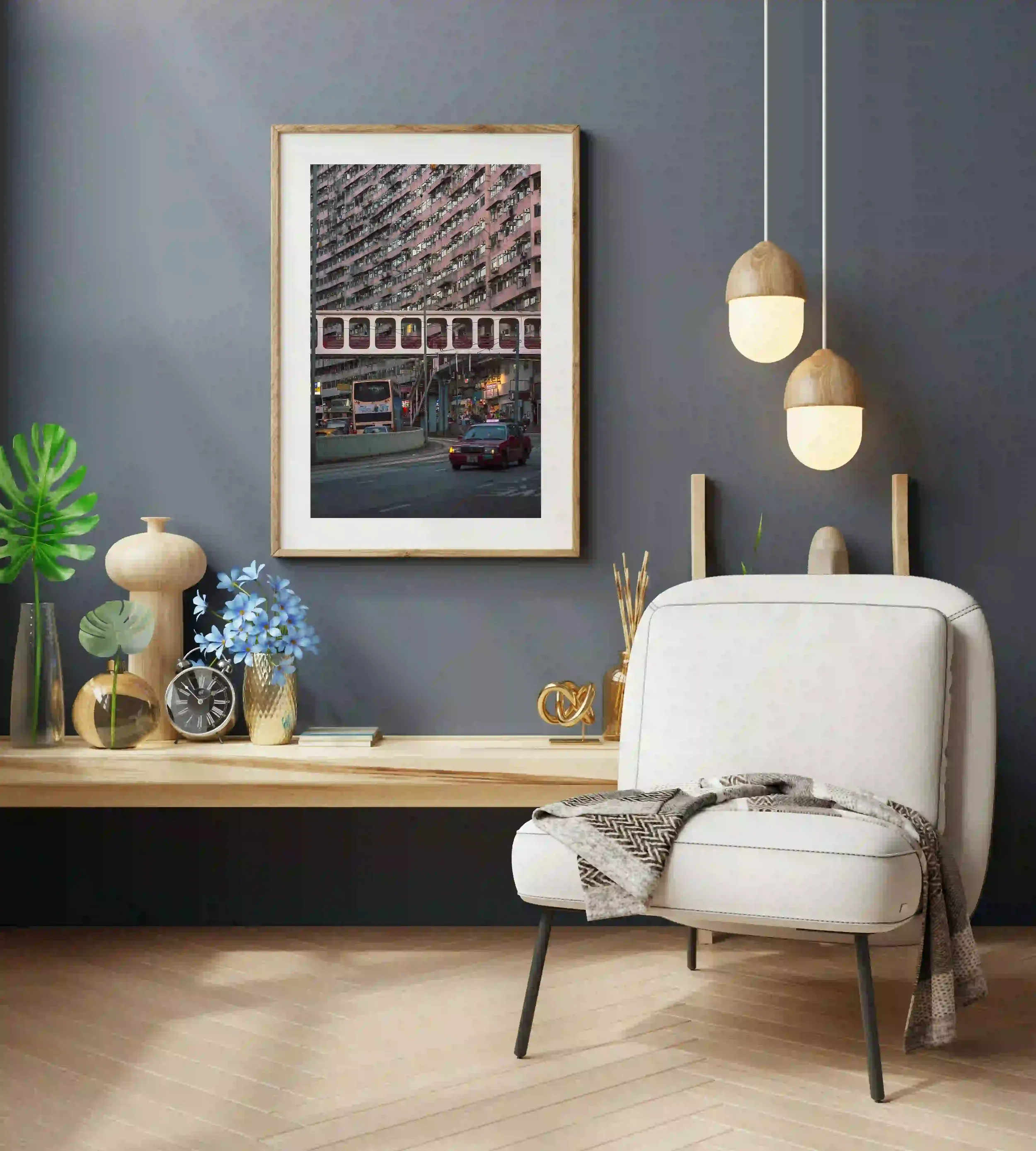 Street photography of a red taxi driving through Quarry Bay, Hong Kong, with historic residential buildings in the background at sunset.