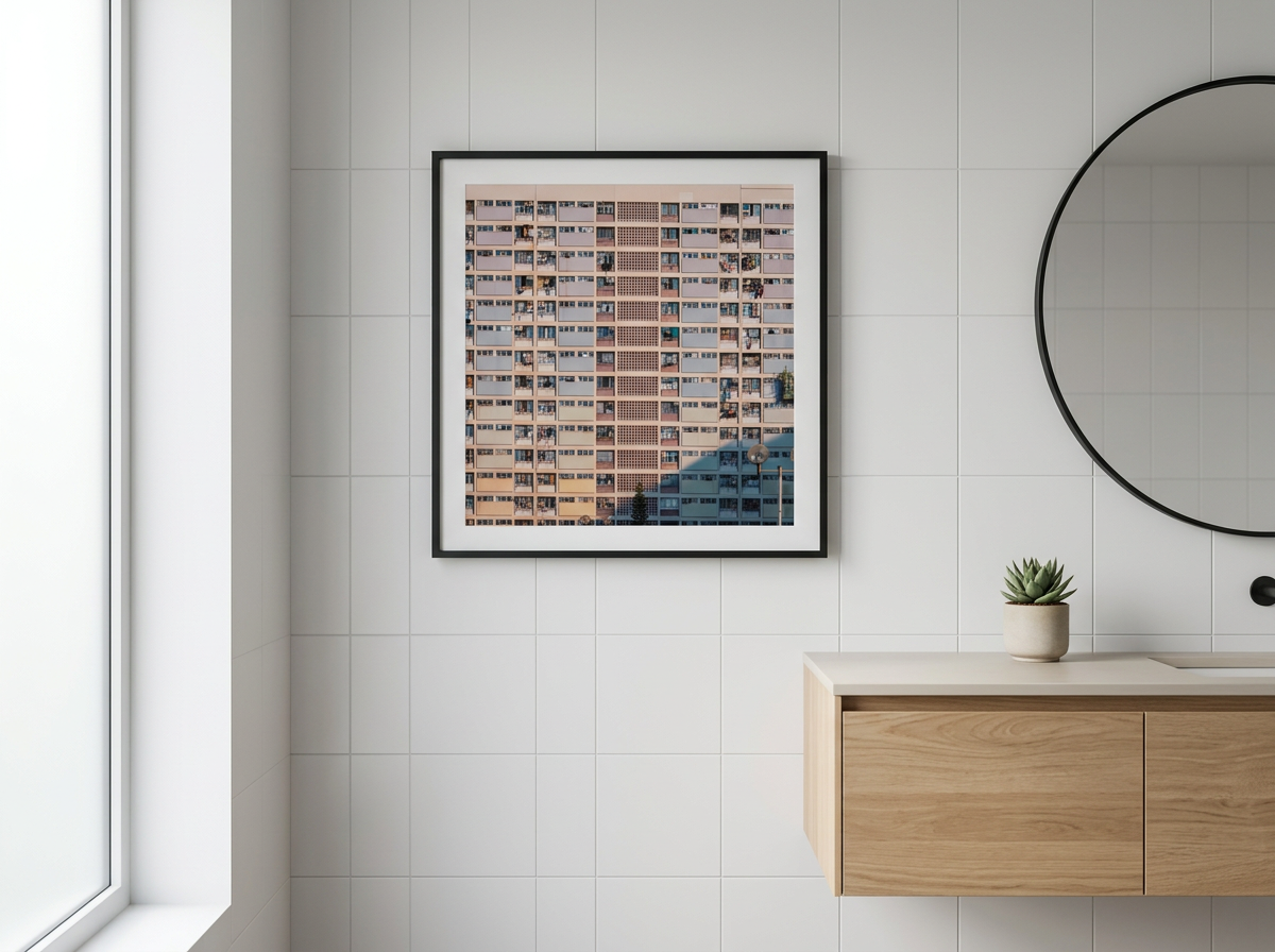 Choi Hung Estate rainbow buildings photography, Hong Kong basketball court urban scene, pastel colored apartment blocks, cinematic street photography print, Kowloon architectural wall art.