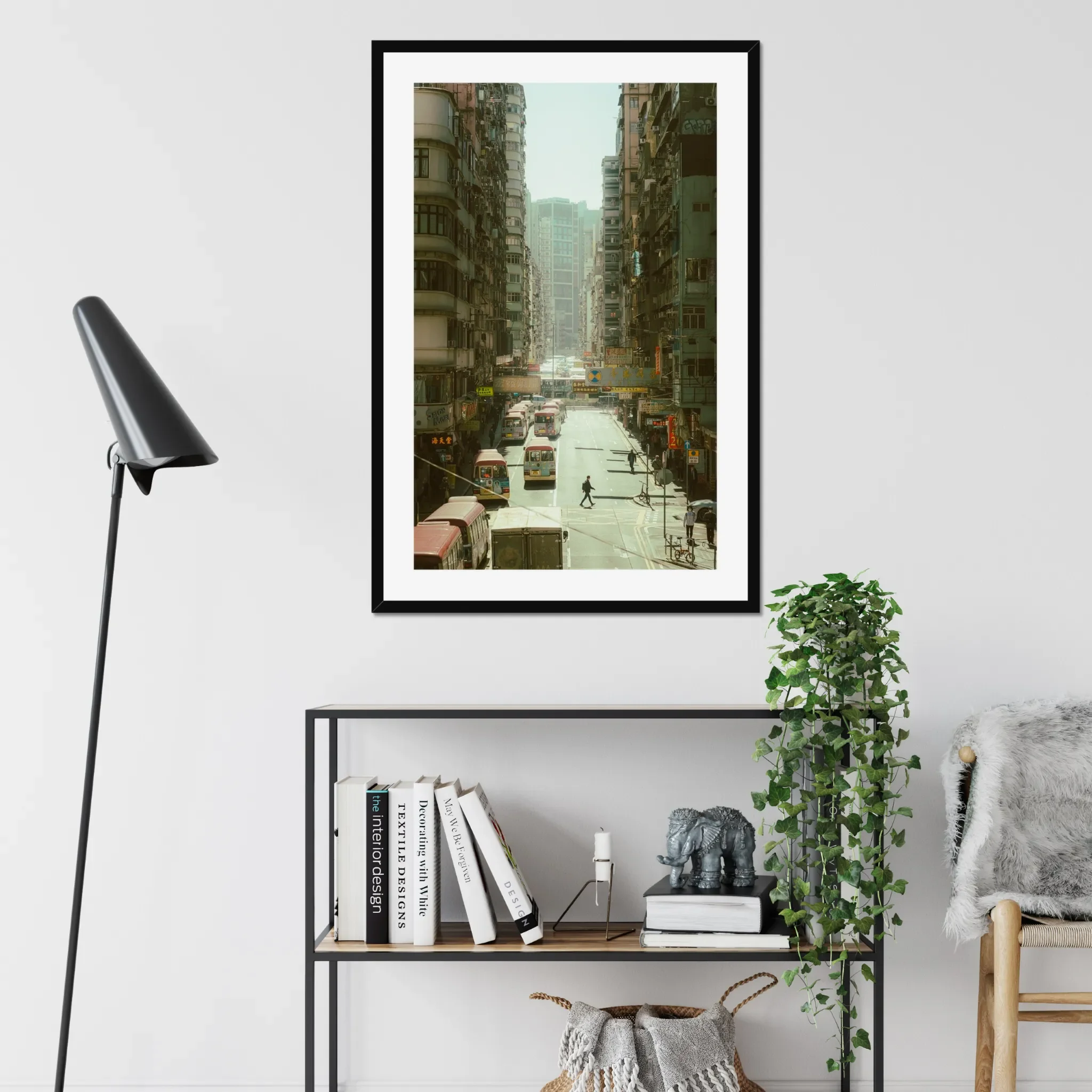 Dynamic street photography in Mong Kok Hong Kong, bustling Kowloon traffic and pedestrians, urban city life print, bright Hong Kong cityscape wall art, architectural density photography.