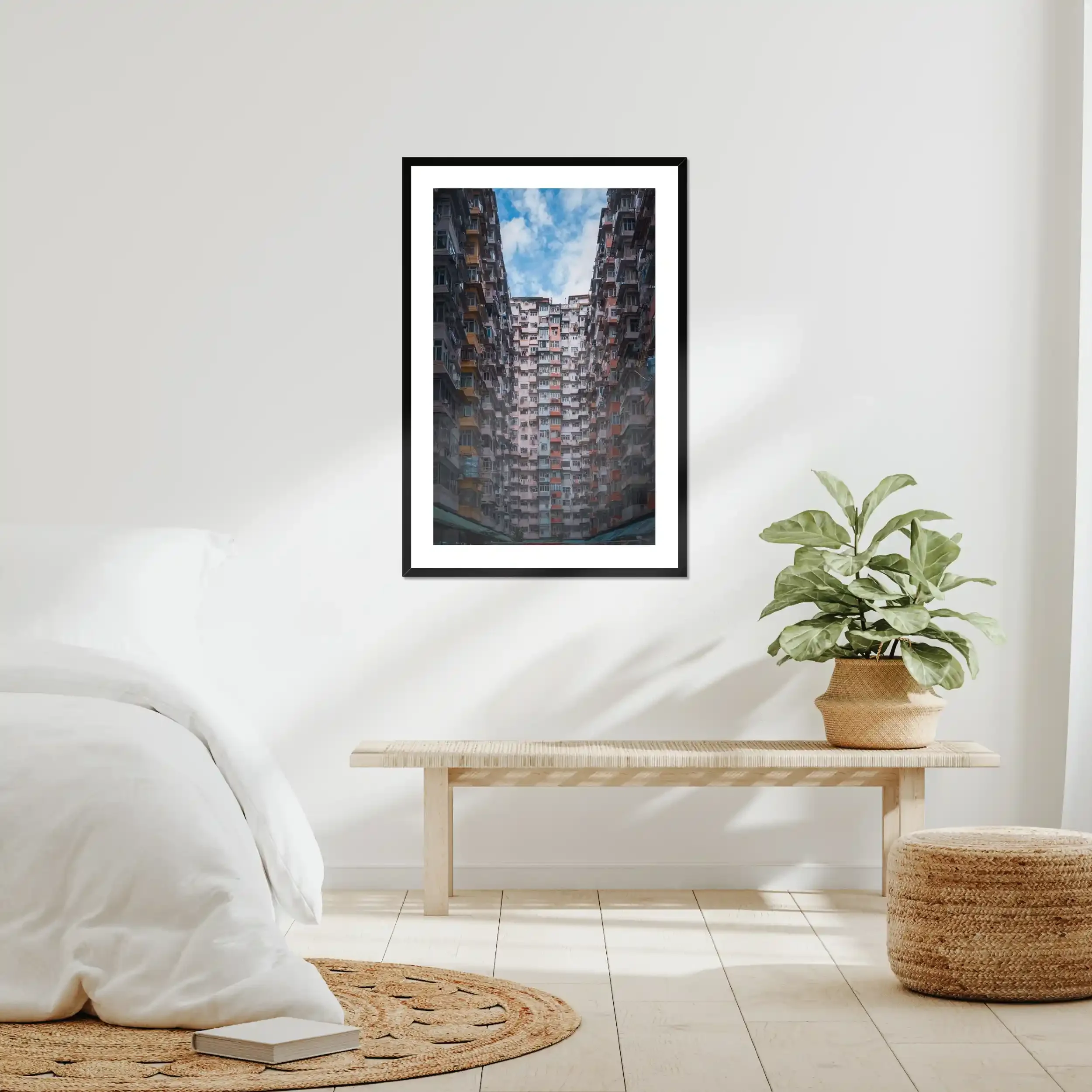 Symmetrical wide-angle photography of the massive Monster Building residential complex in Quarry Bay, Hong Kong.