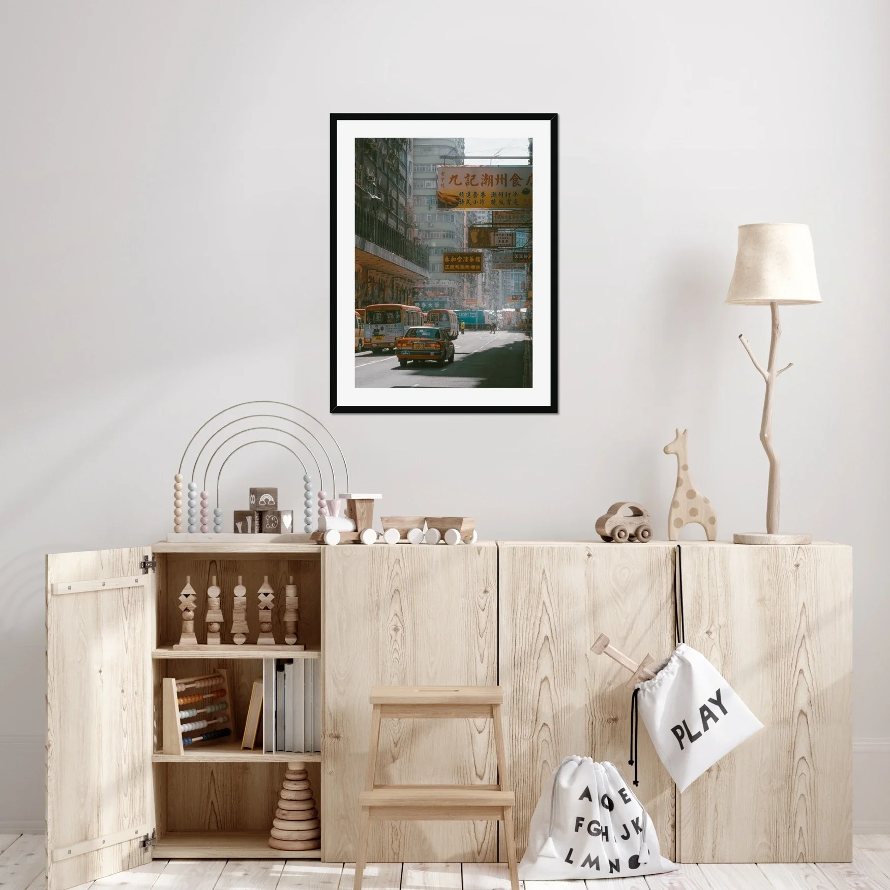 Iconic Hong Kong red taxi in Mong Kok street, morning haze and urban signs photography, cinematic Kowloon street scene, moody urban wall art print, Hong Kong city life photography.