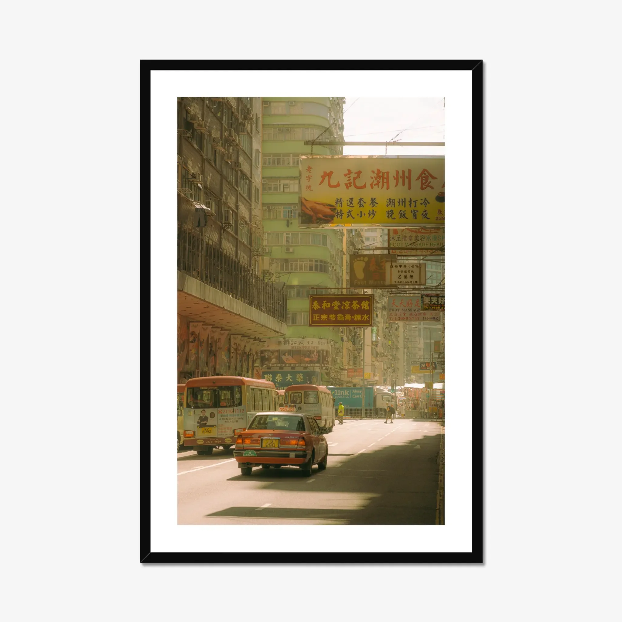 Sun-drenched Hong Kong street photography fine art print. Cinematic urban scene with a red taxi, minibuses, and layered vintage signs. Warm amber wall art decor.