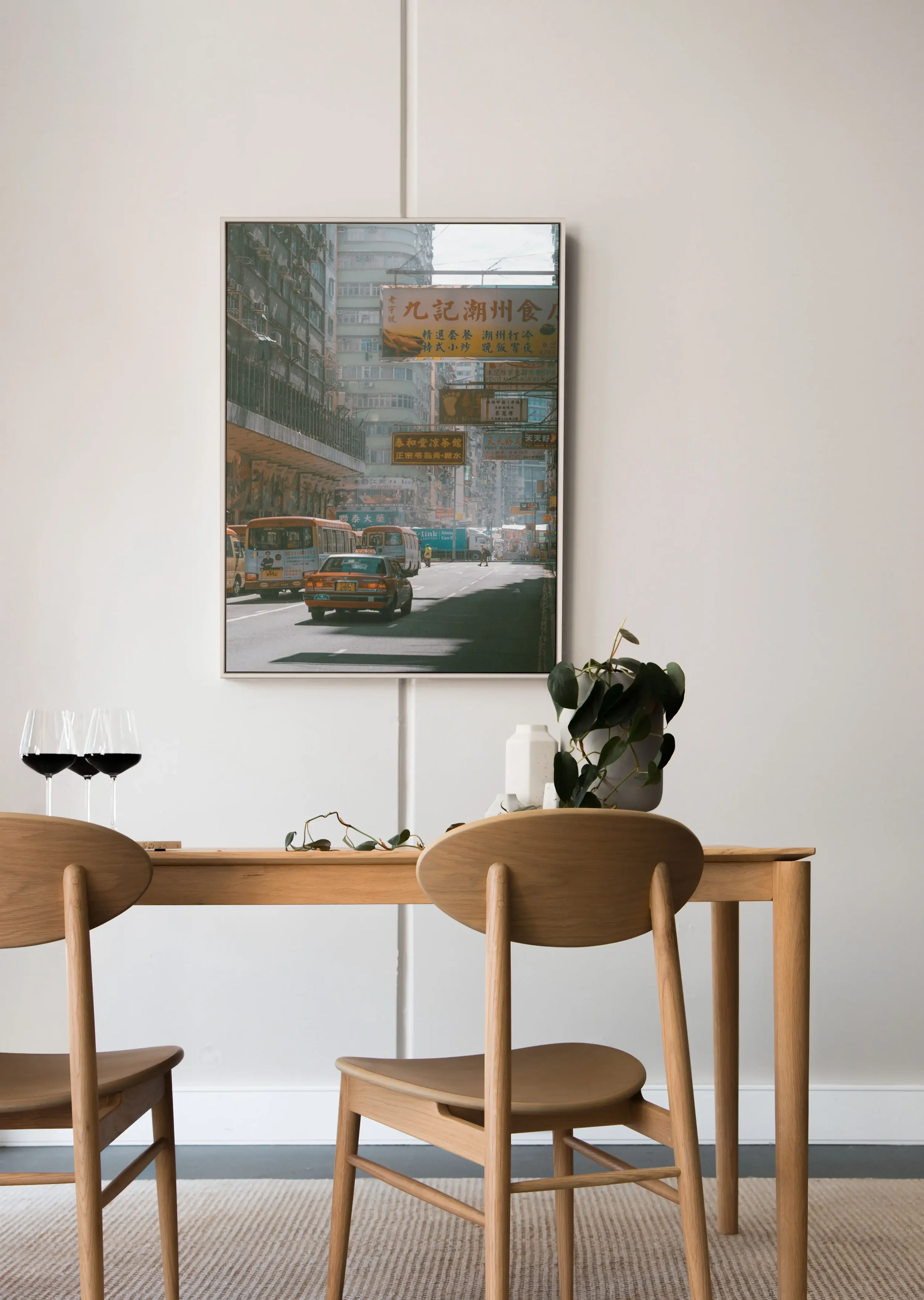 Iconic Hong Kong red taxi in Mong Kok street, morning haze and urban signs photography, cinematic Kowloon street scene, moody urban wall art print, Hong Kong city life photography.