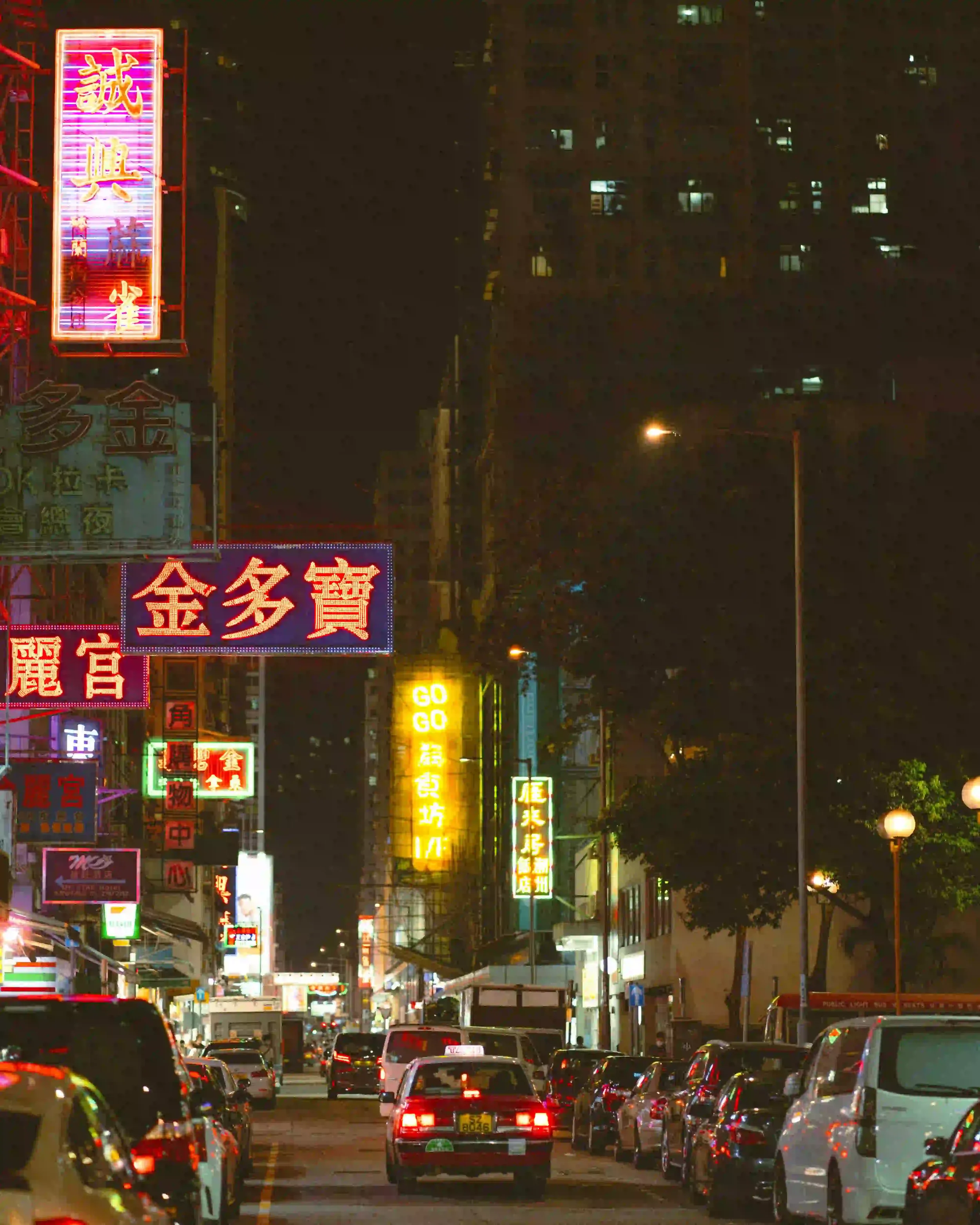 Before and after comparison using Lomography 800 Lightroom preset on a night street photography scene with vibrant neon lights and film grain.