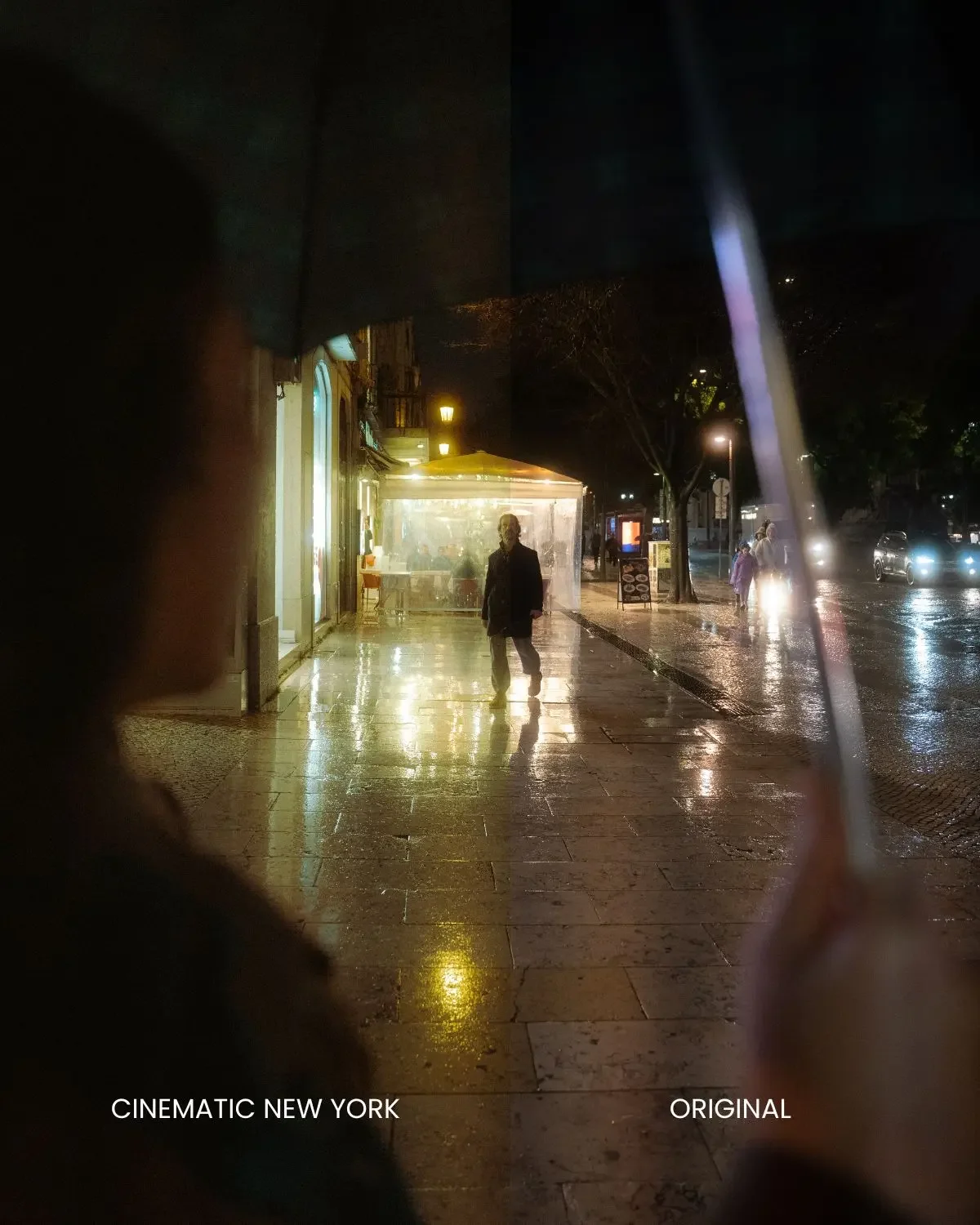 Before/After: Cinematic New York preset. Enhances flat urban night photo into a gritty, high-contrast street aesthetic.