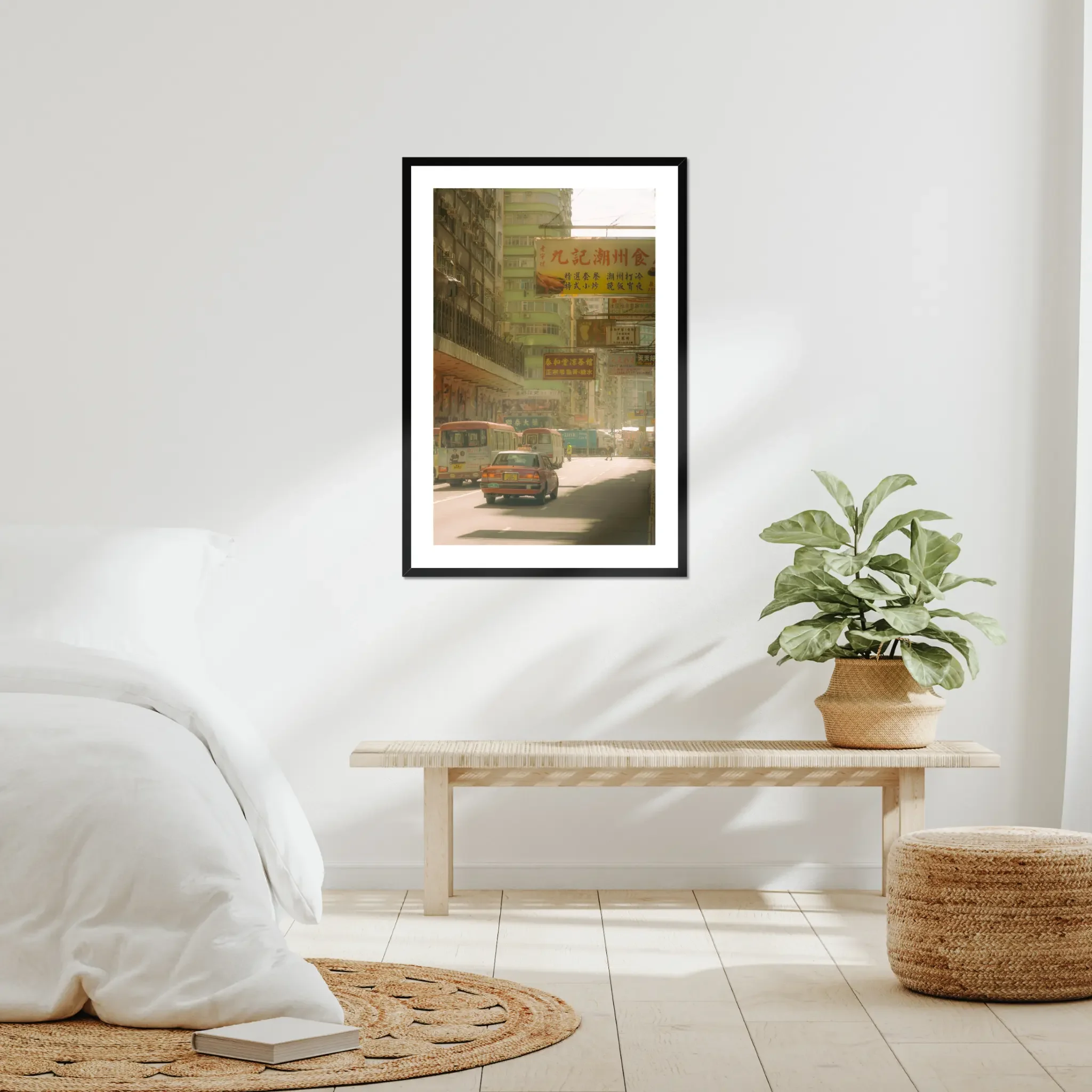 Sun-drenched Hong Kong street photography fine art print. Cinematic urban scene with a red taxi, minibuses, and layered vintage signs. Warm amber wall art decor.