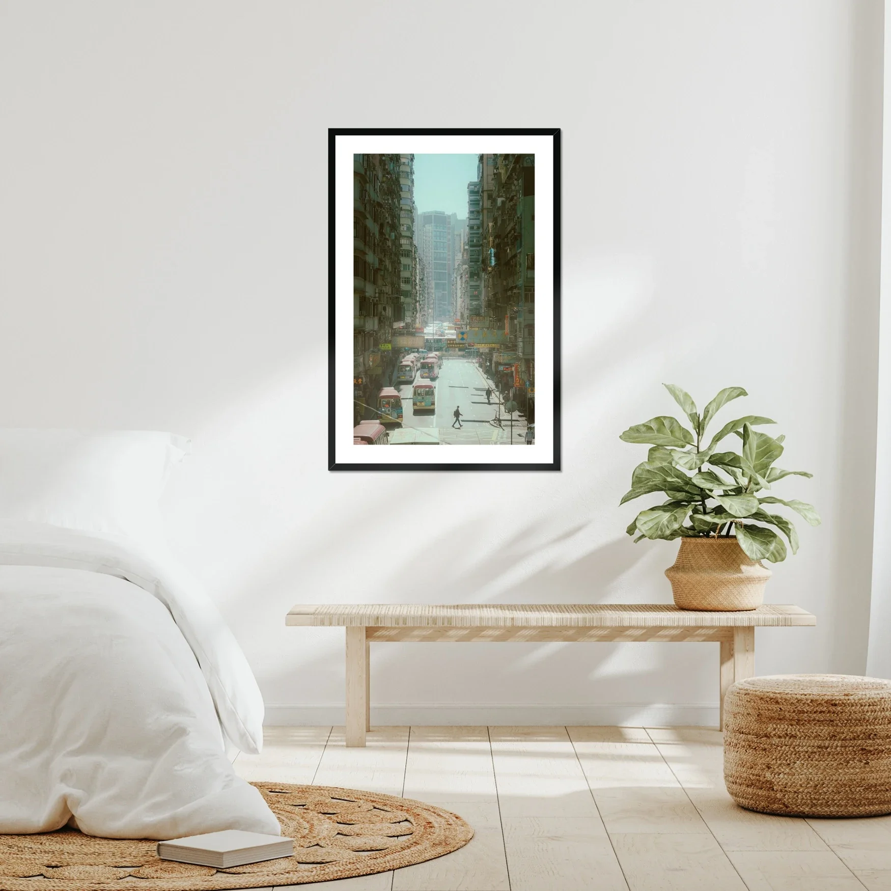 Dynamic street photography in Mong Kok Hong Kong, bustling Kowloon traffic and pedestrians, urban city life print, bright Hong Kong cityscape wall art, architectural density photography.