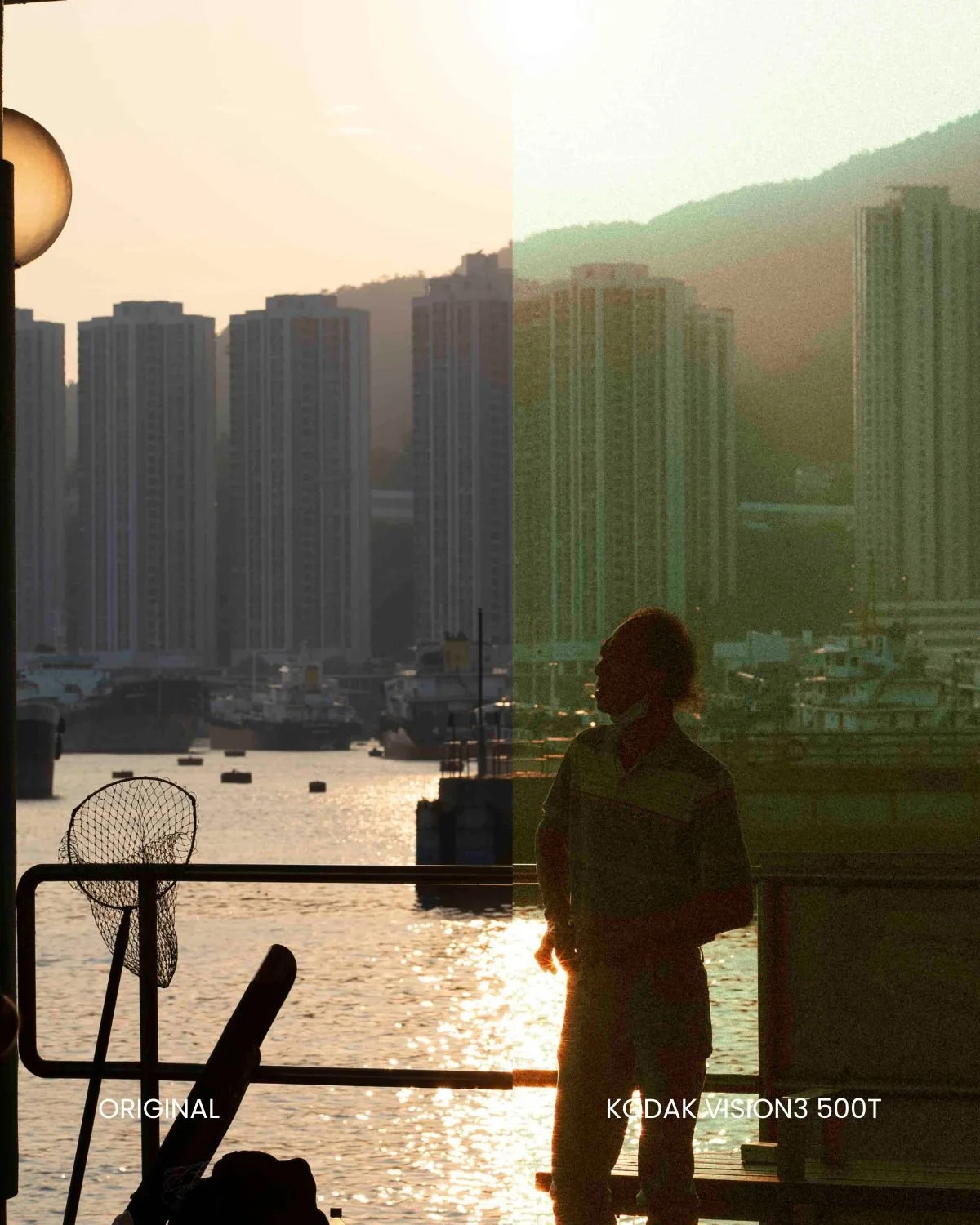 Before and after street photography edit using the Master Collection cinematic Lightroom presets by EJDuran, featuring authentic film emulation, moody urban color grading, and custom halation effects