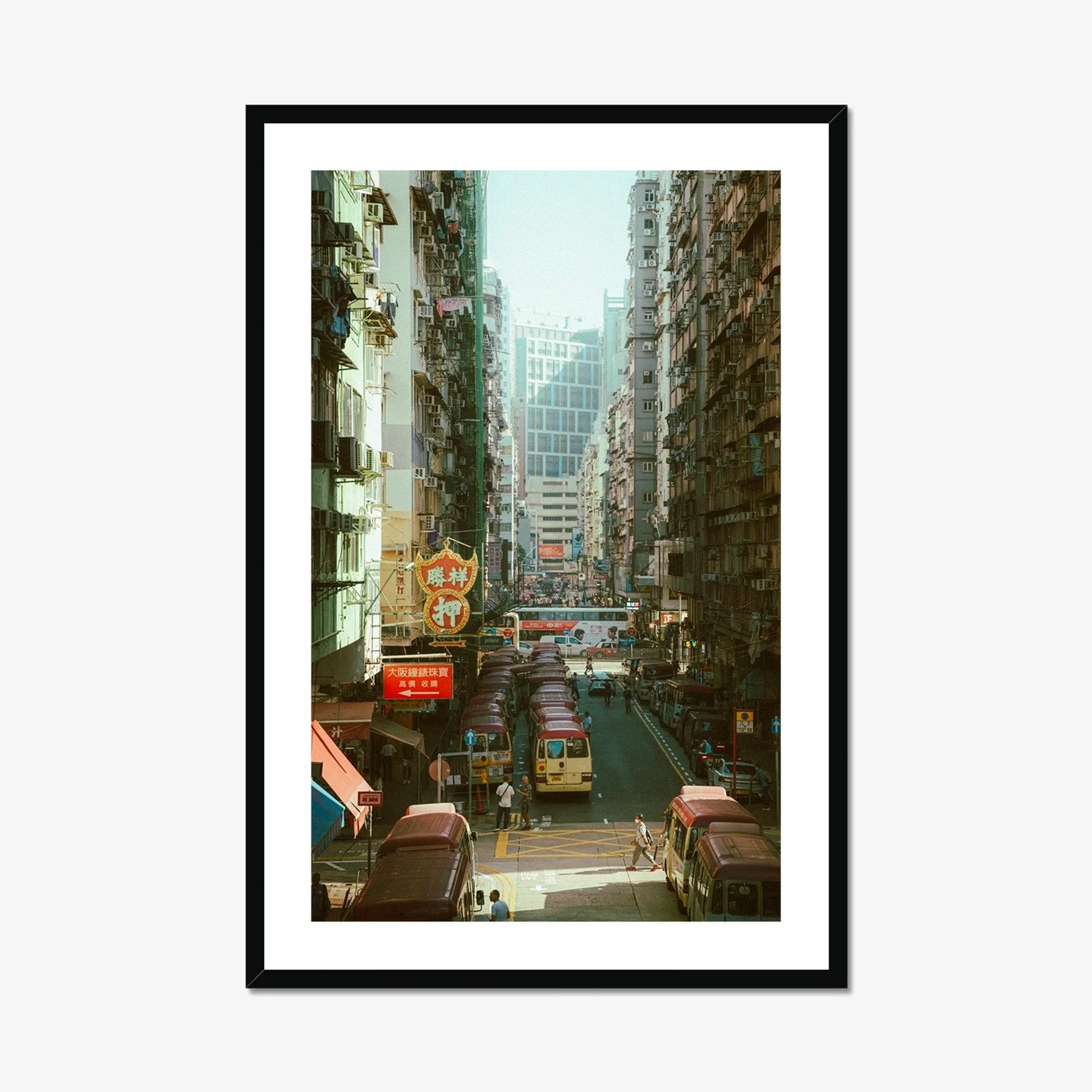 Vintage style street photography of Mong Kok Hong Kong at sunset, golden hour light over minibus stops and city traffic, nostalgic 1980s urban aesthetic, cinematic retro wall art print.